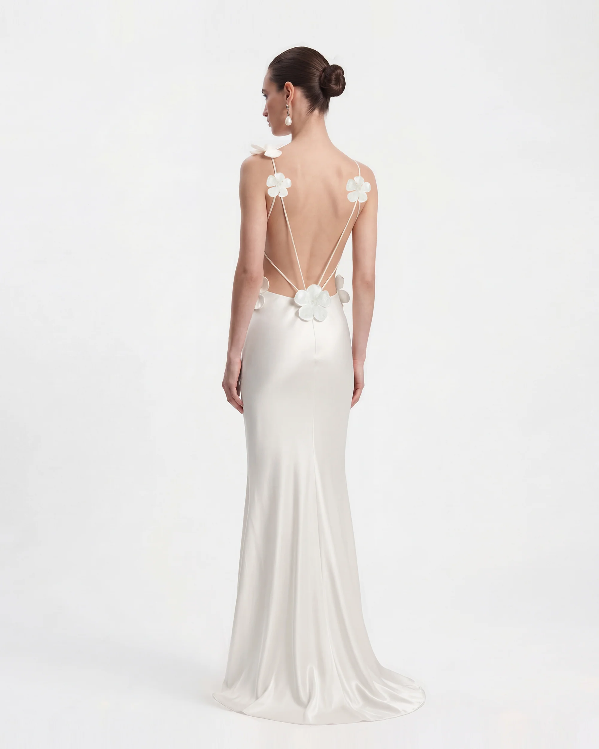 3D Floral Appliqué Satin Dress - White