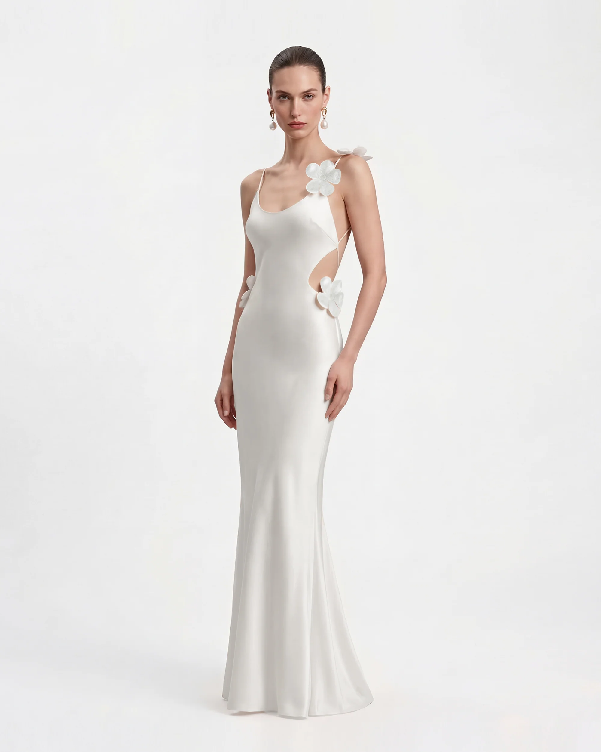 3D Floral Appliqué Satin Dress - White - Image 2