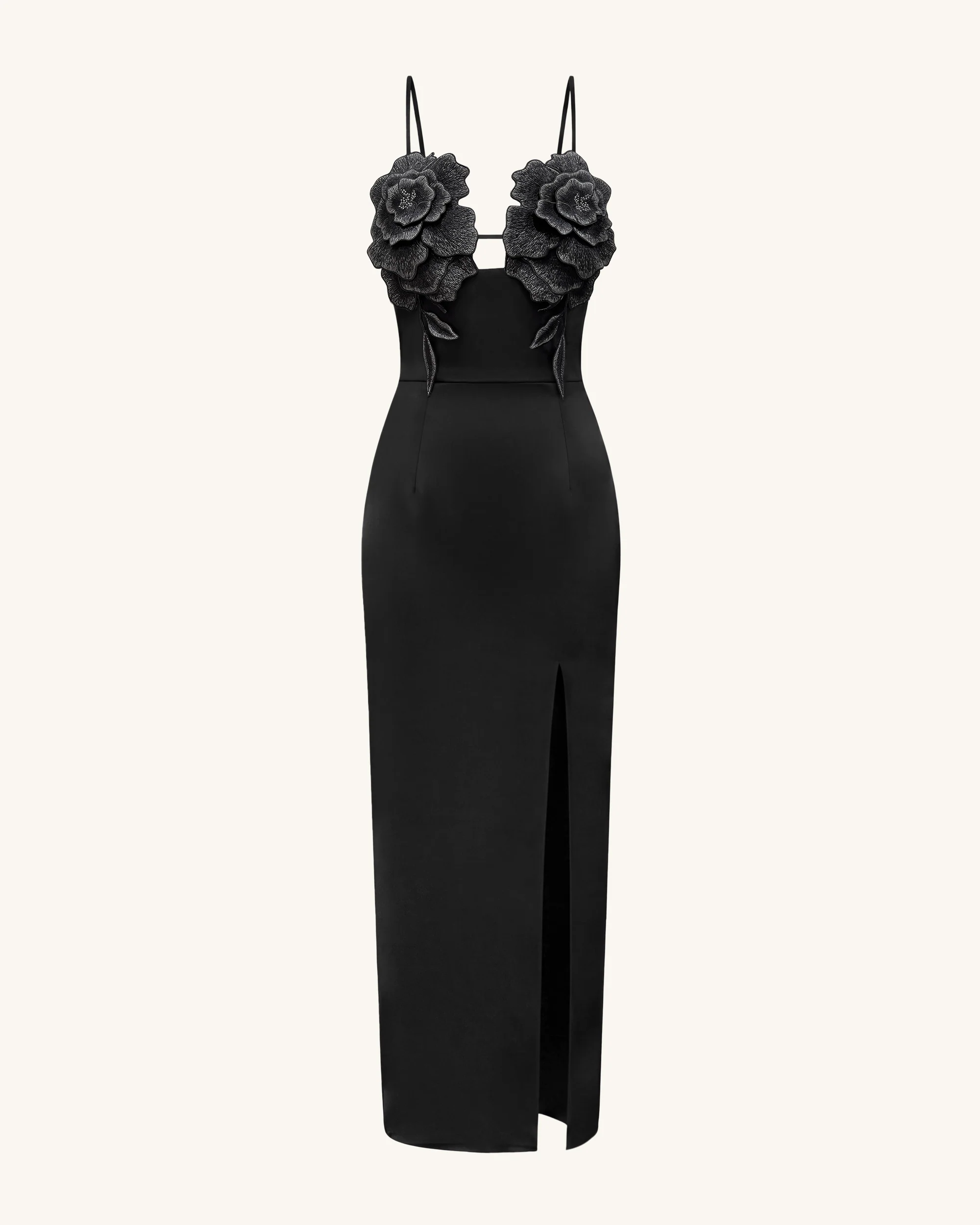 3D Floral Strappy Maxi Dress - Black - Image 2
