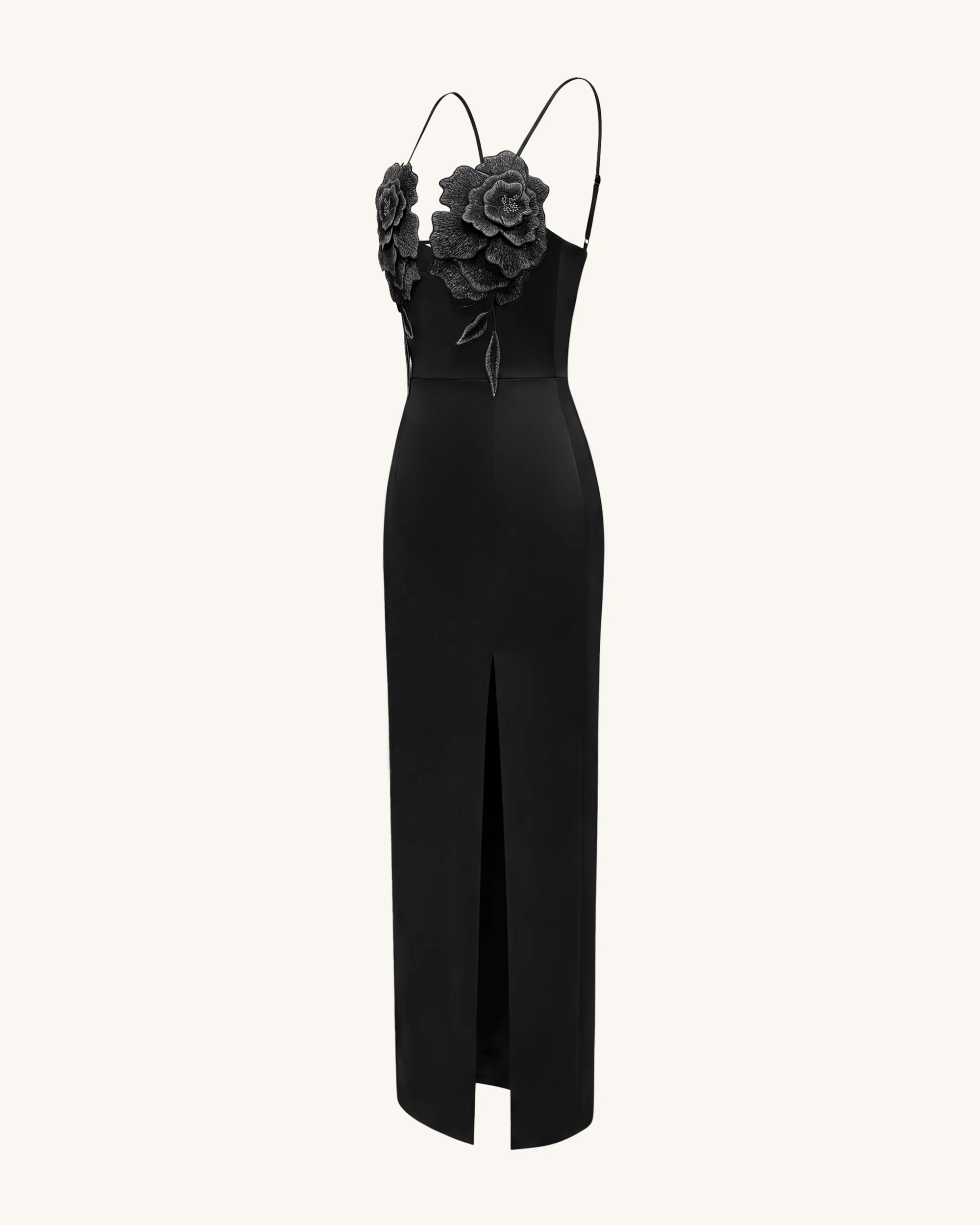 3D Floral Strappy Maxi Dress - Black - Image 3