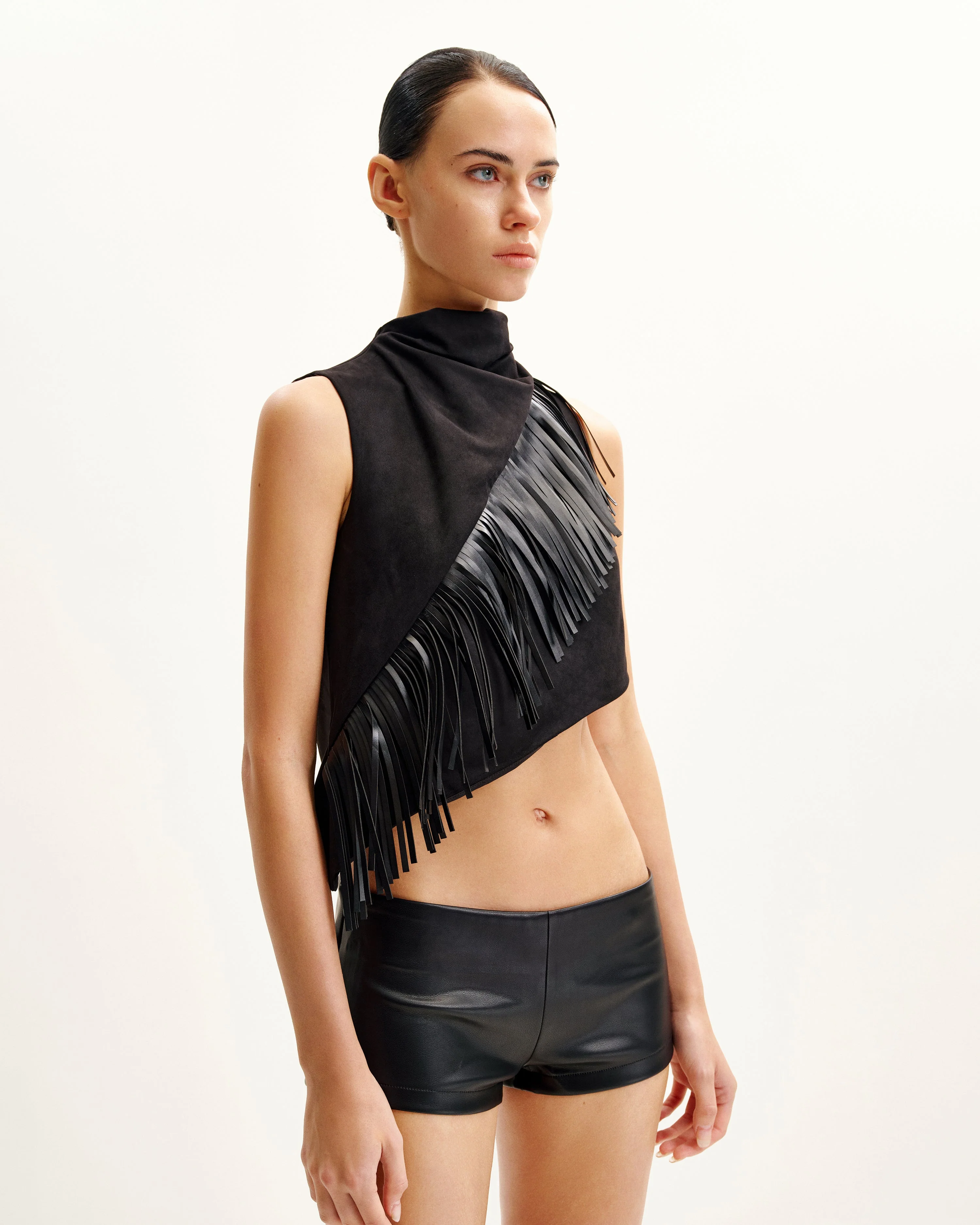 Adeline Asymmetric Fringe Sueded Top - Black - Image 2