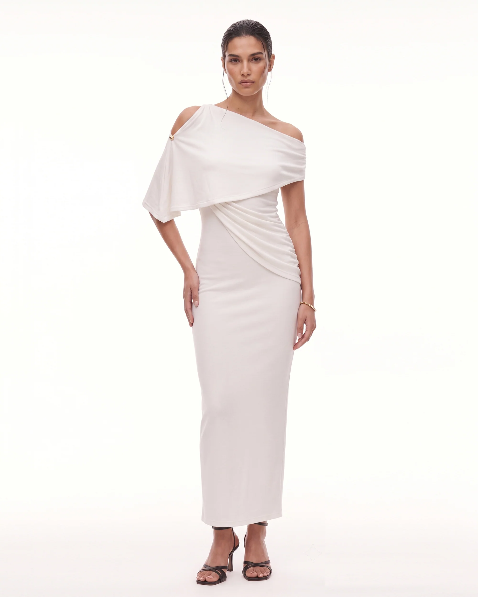 Asymmetric Shoulder Draped Cape Midi Dress - Ivory