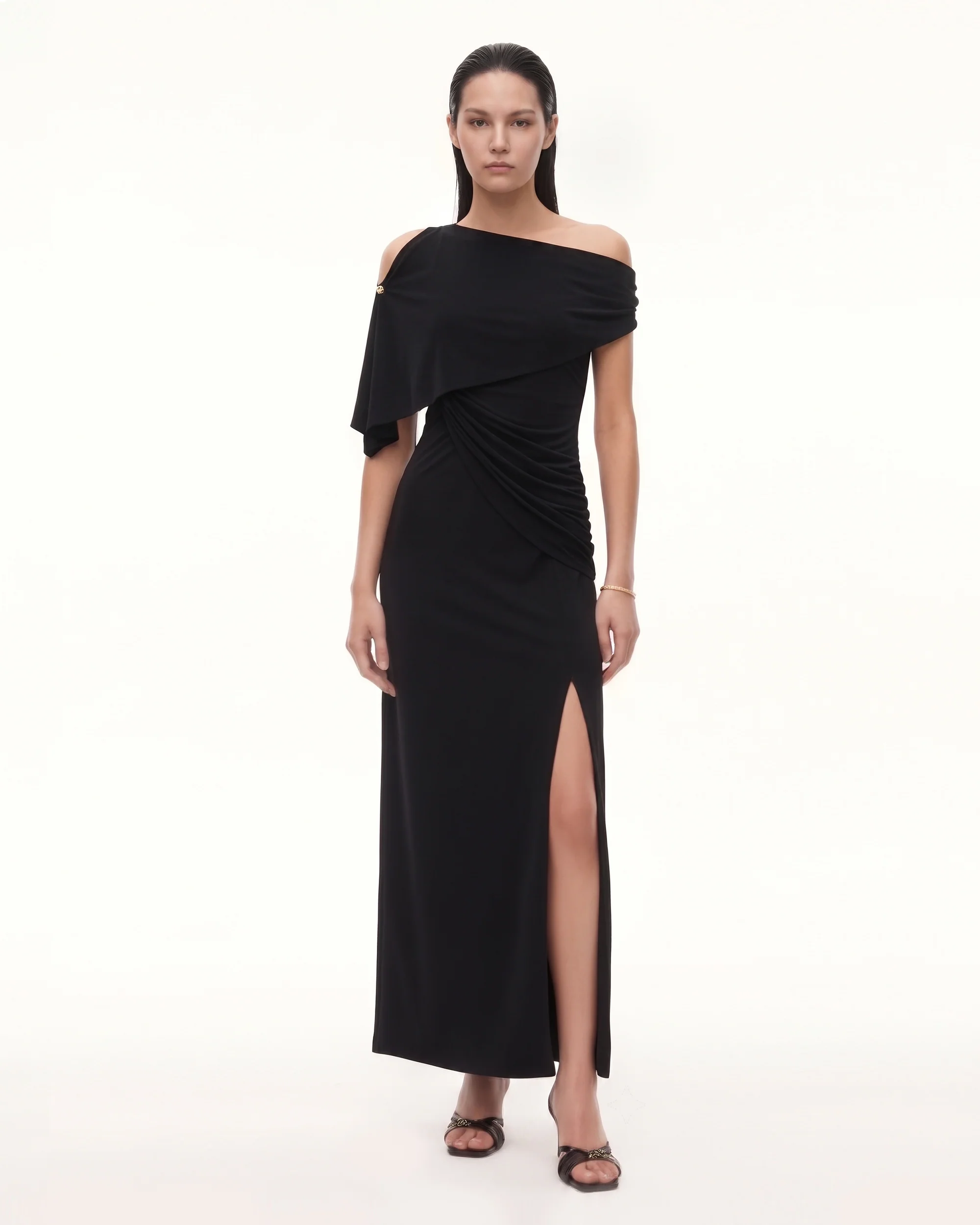 Asymmetric Shoulder Draped Cape Slit Midi Dress - Black