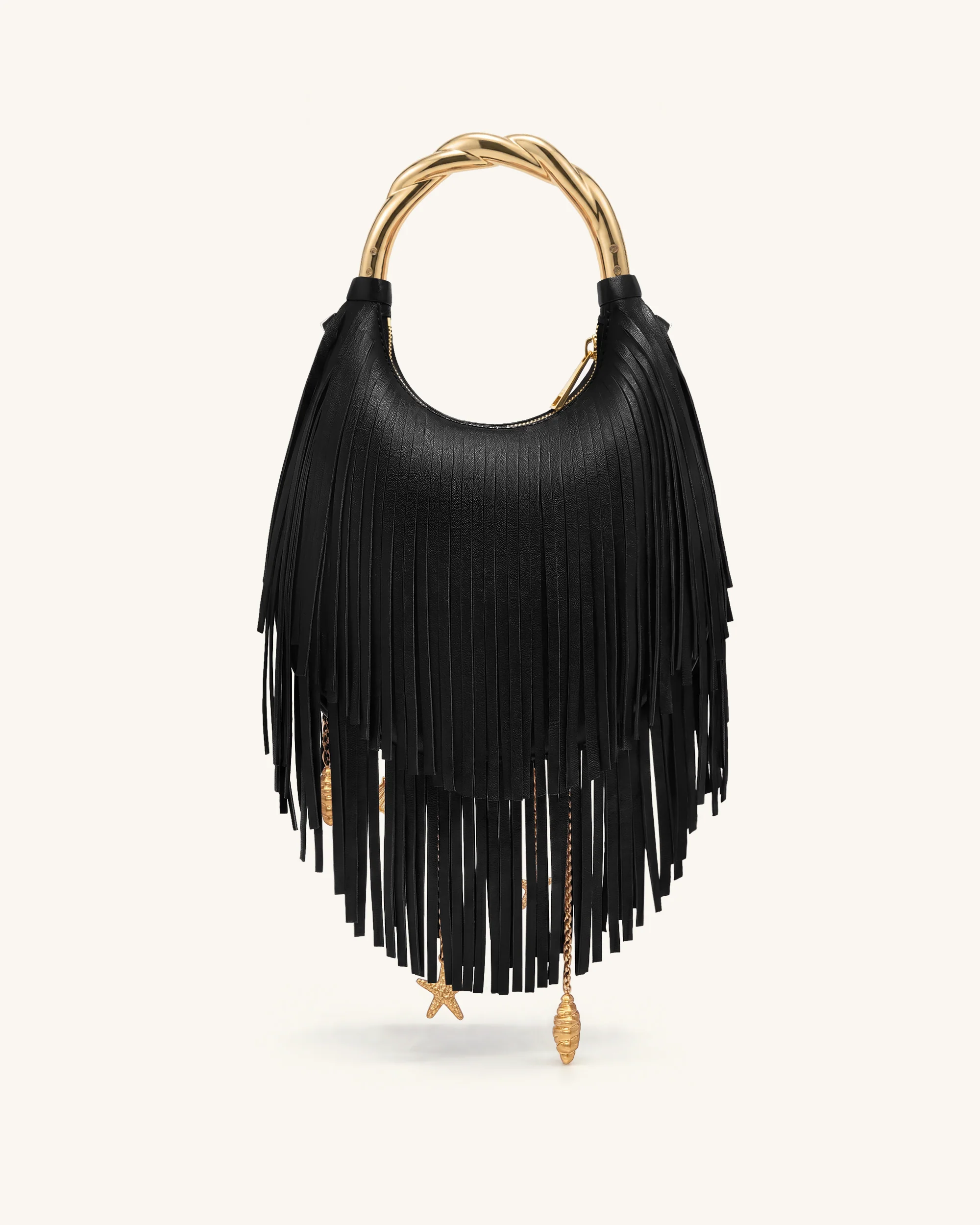 Chloe Metal Handle Fringe Top Handbag - Black - Image 3