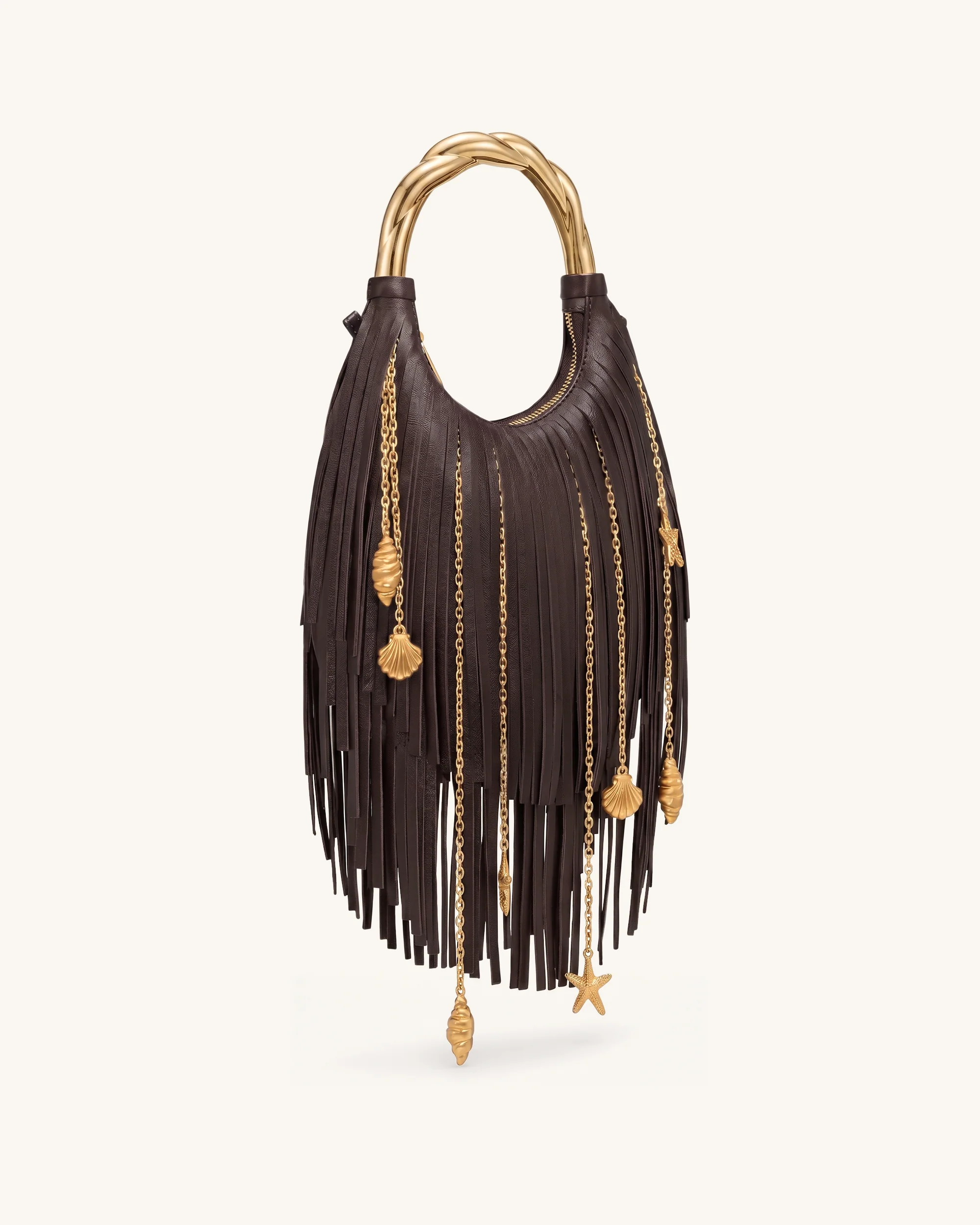 Chloe Metal Handle Fringe Top Handbag - Dark Brown - Image 2