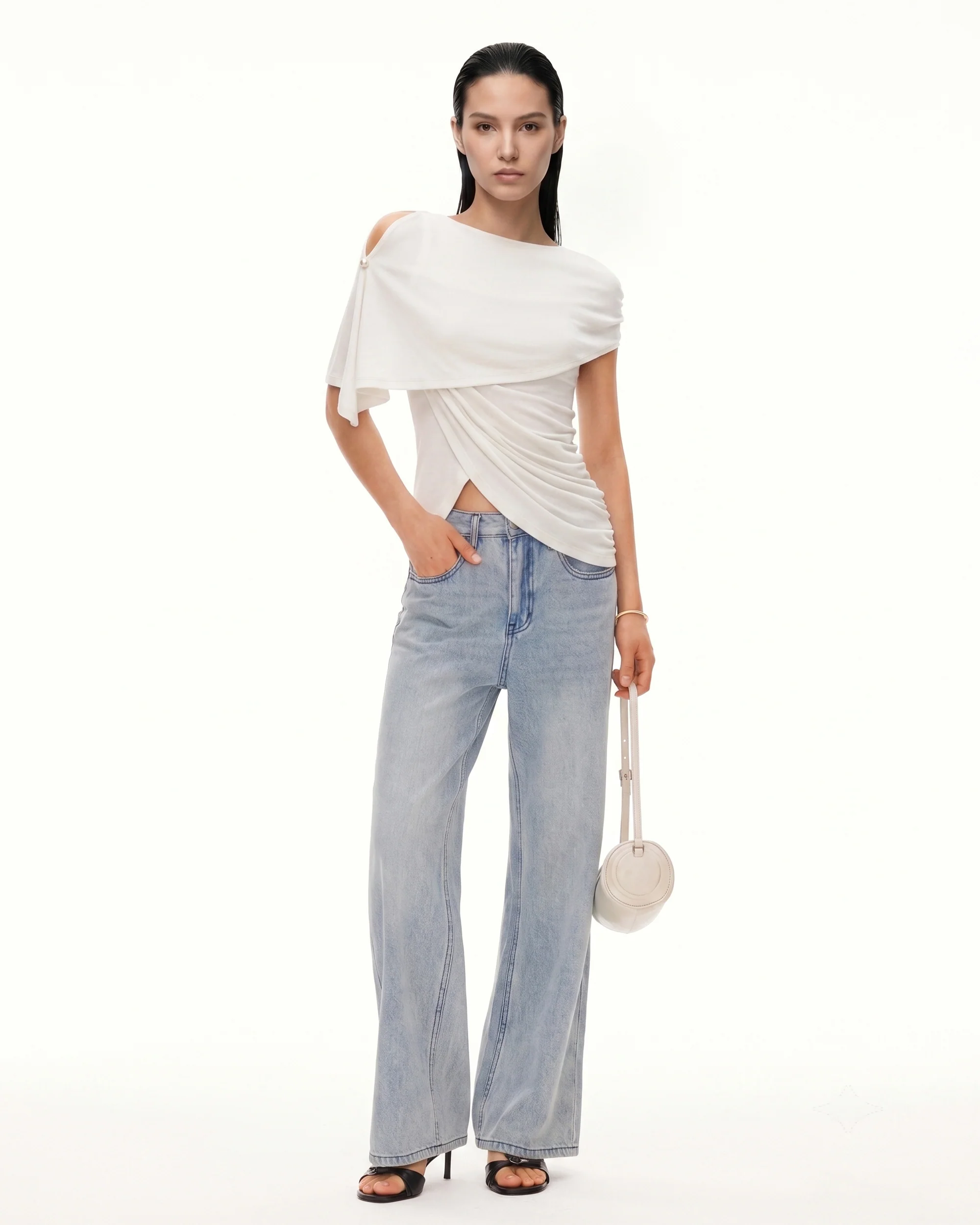 Convertible Asymmetrical Draped Semi-Sheer Cape Top - Ivory - Image 2
