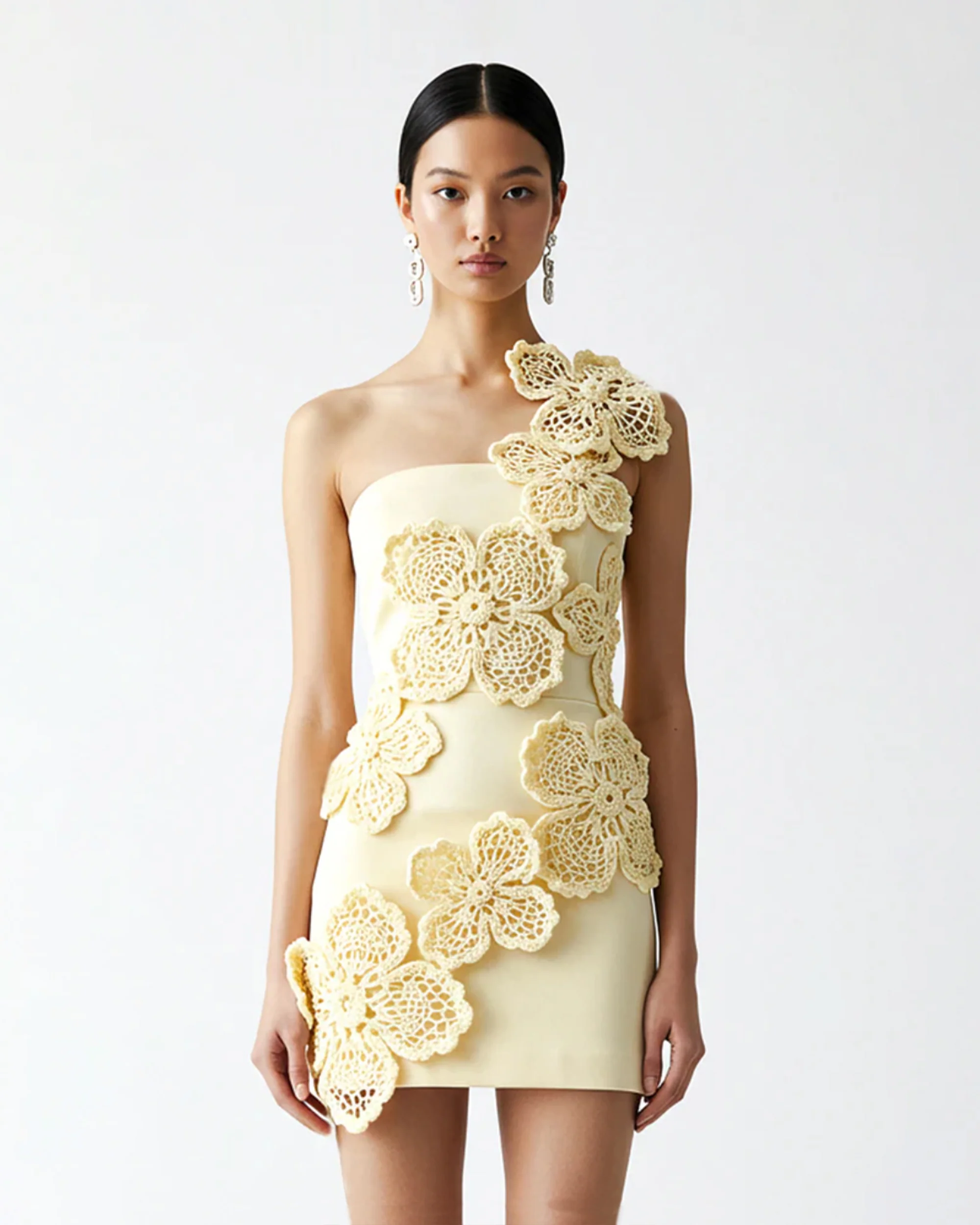 Crochet Floral Appliqué Mini Dress - Yellow - Image 2