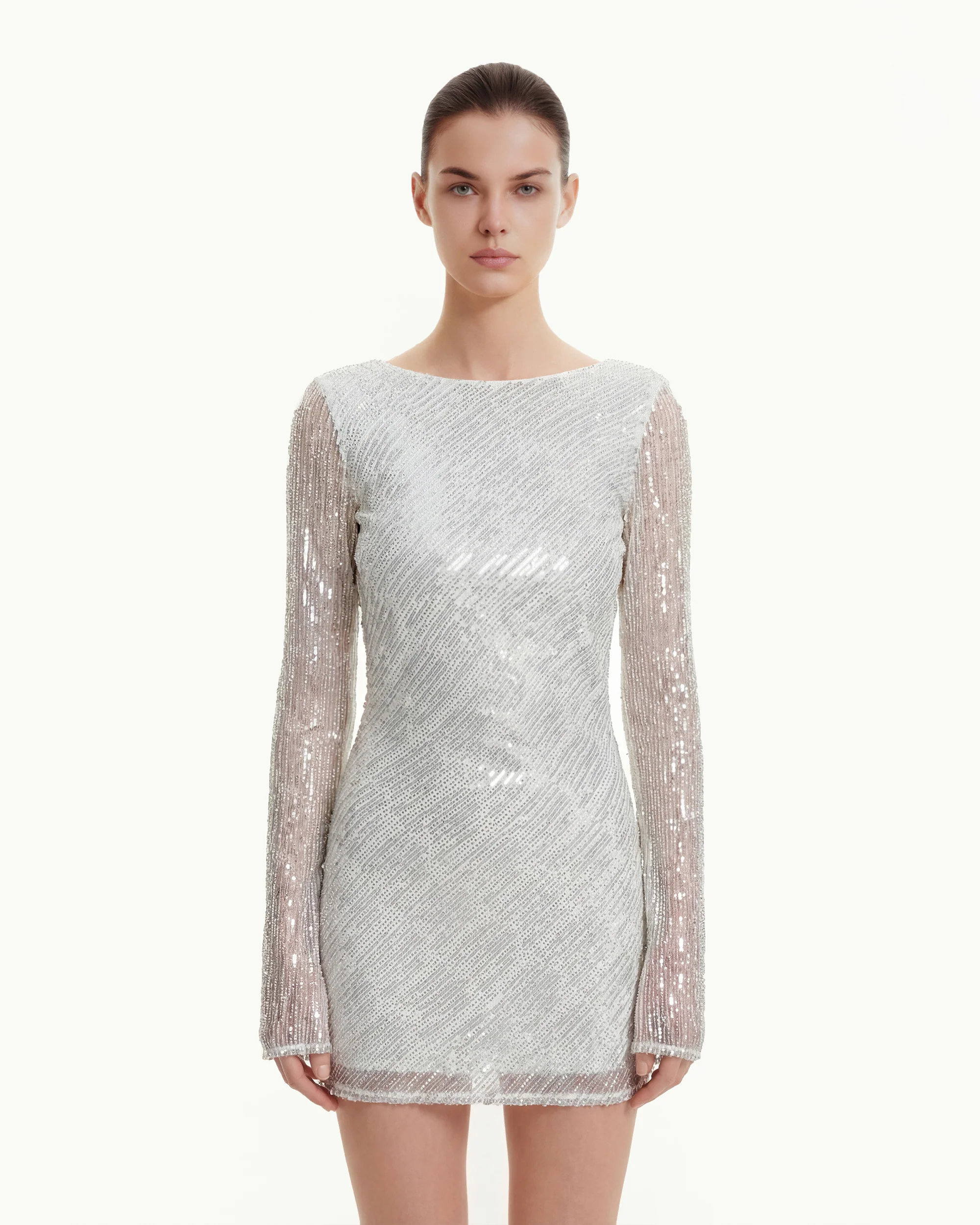 Diagonal Sequin Open-Back Long Sleeve Mini Dress - White - Image 2
