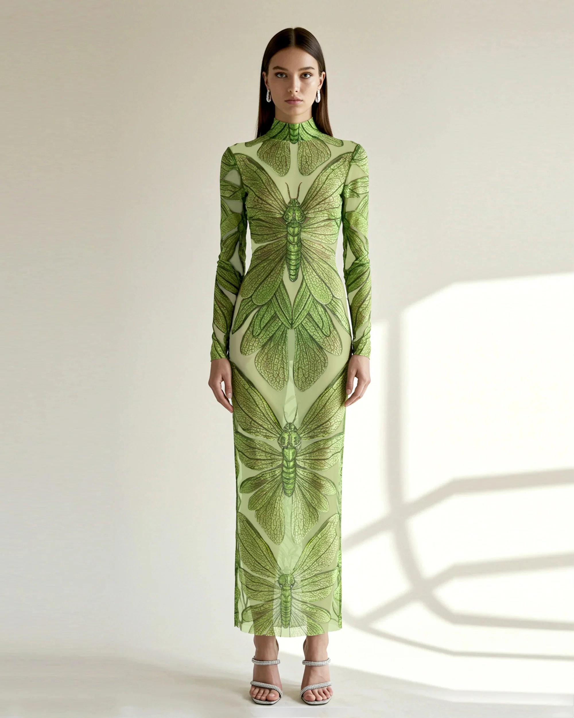 Emerald Dragonfly Sheer Mesh Gown - Green