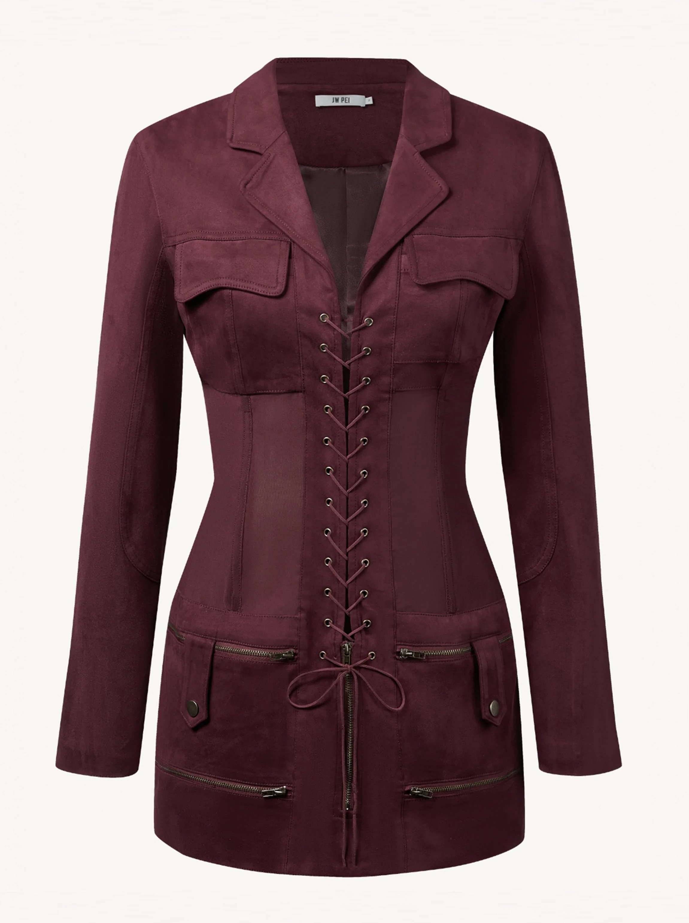 Faux Suede Corset Jacket Mini Dress - Claret - Image 5