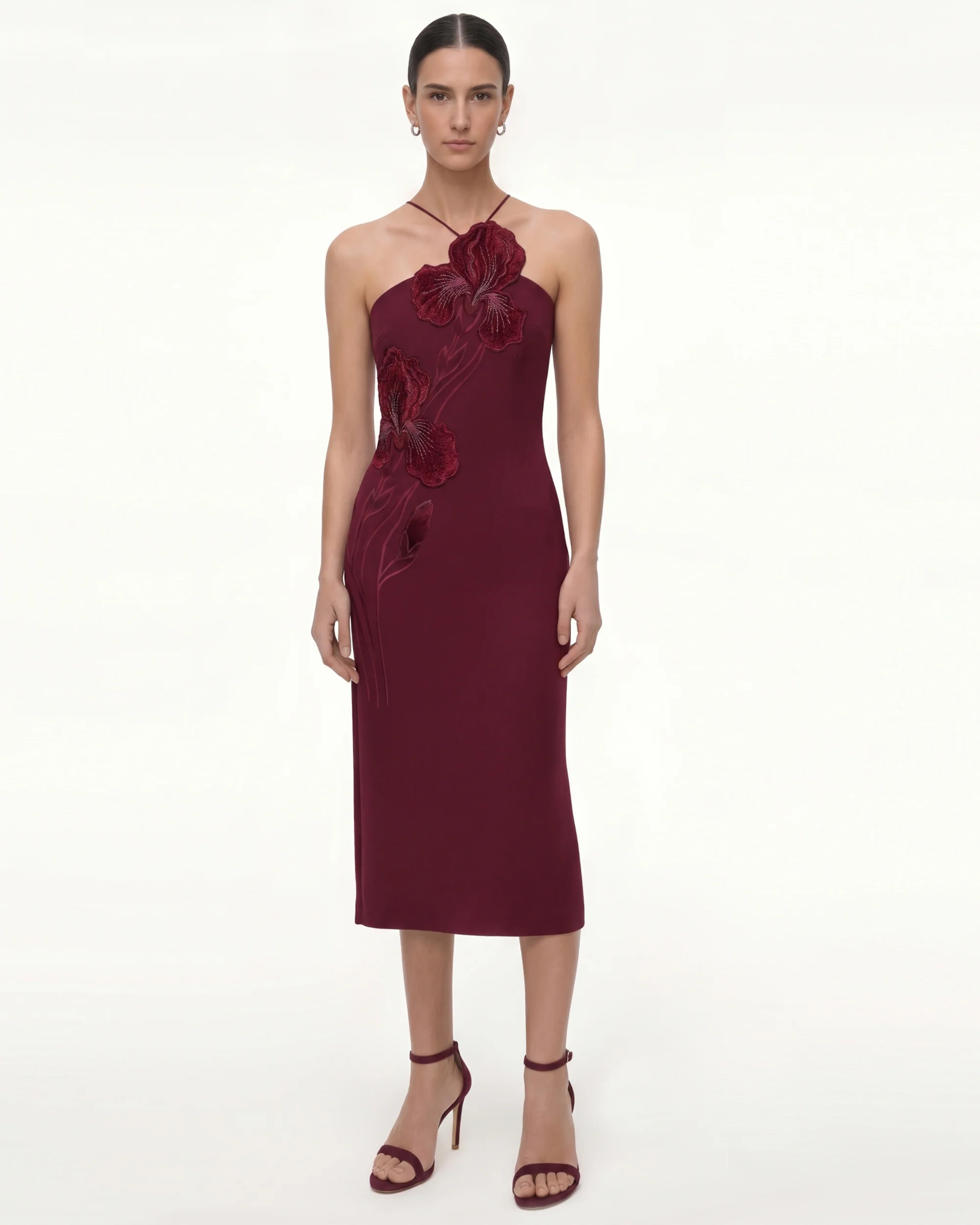 Floral Appliqué Halter Dress - Burgundy