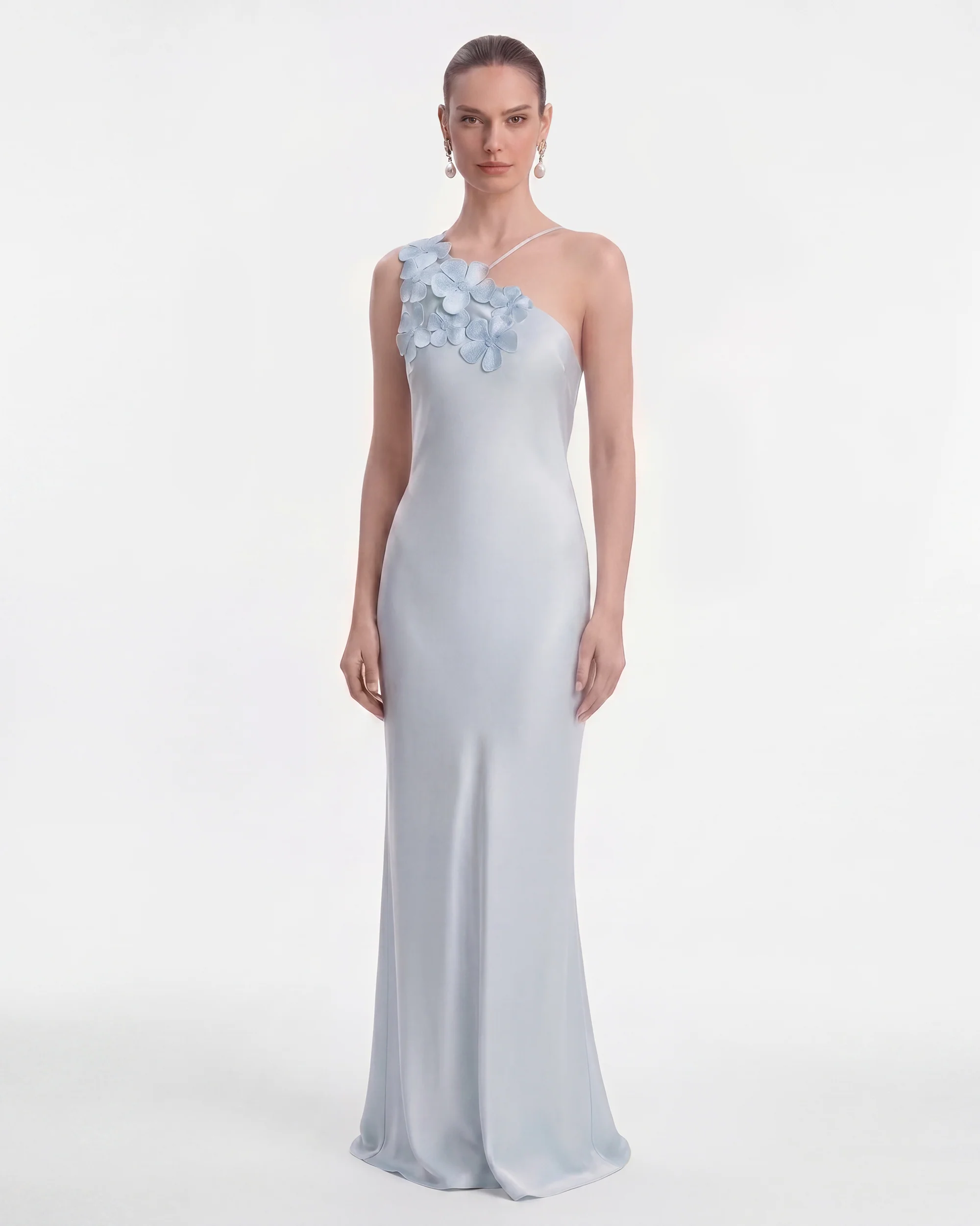Floral Appliqué One Shoulder Maxi Dress - Light Blue