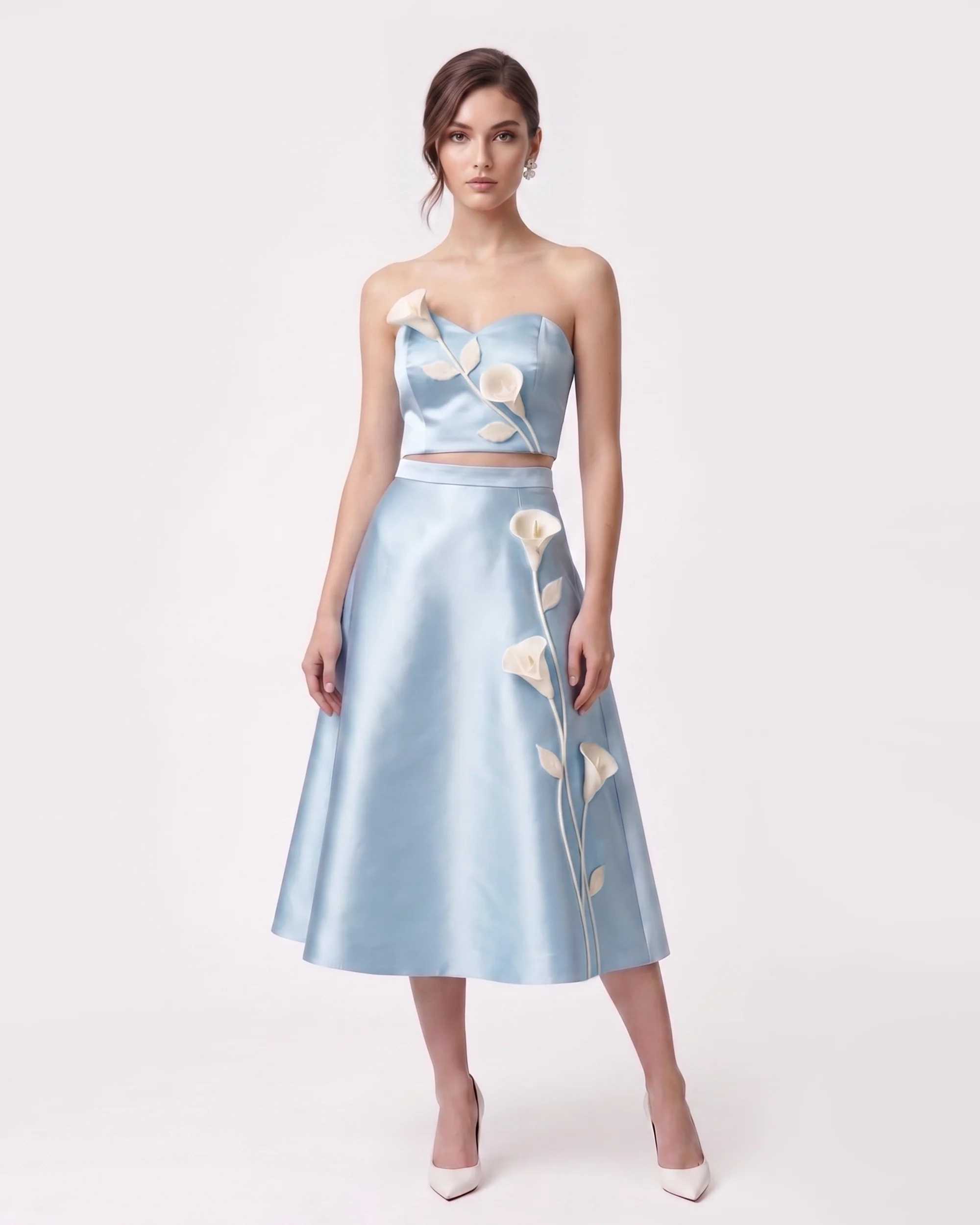 Floral Appliqué Satin Midi Skirt - Light Blue