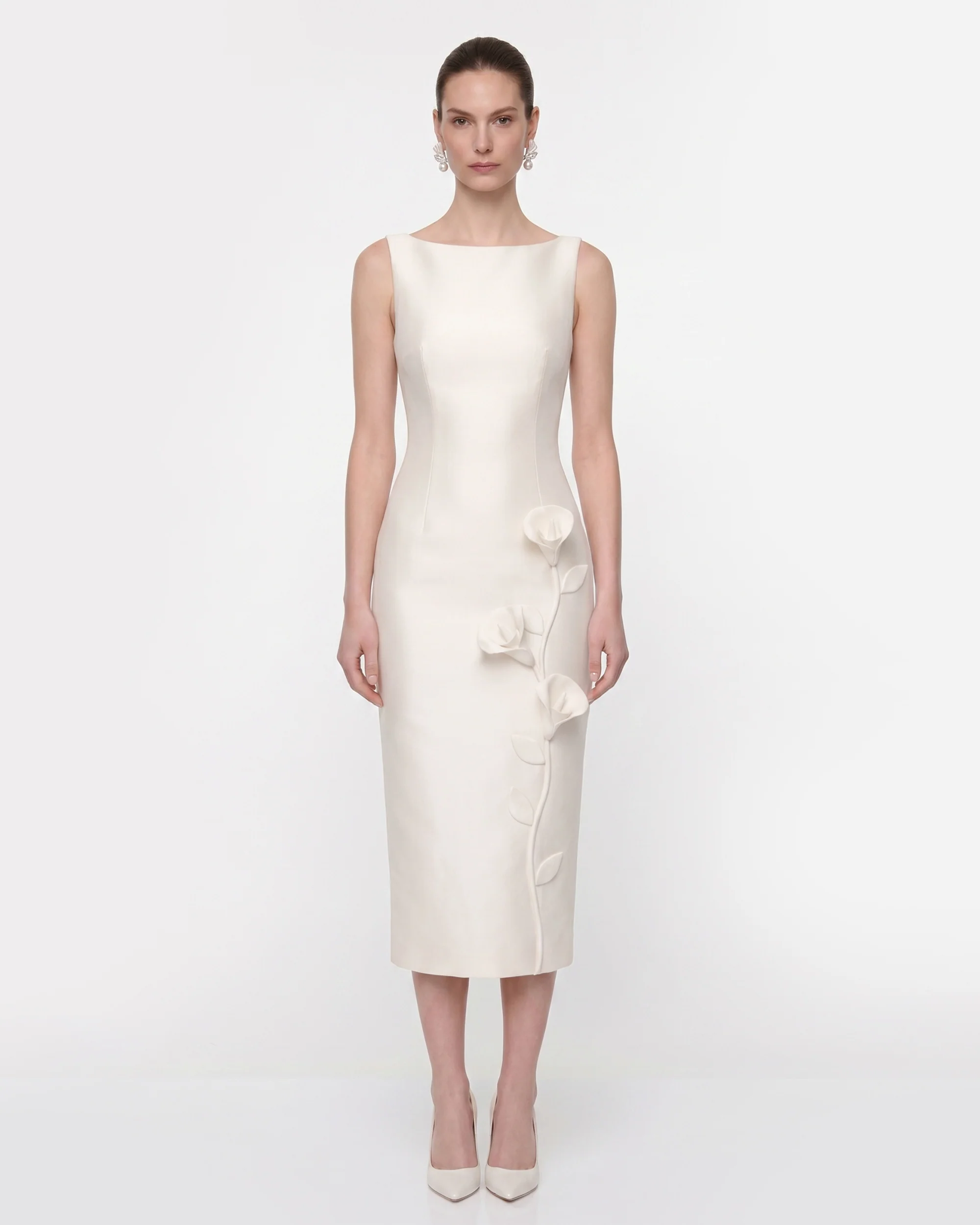 Floral Appliqué Sleeveless Midi Dress - White