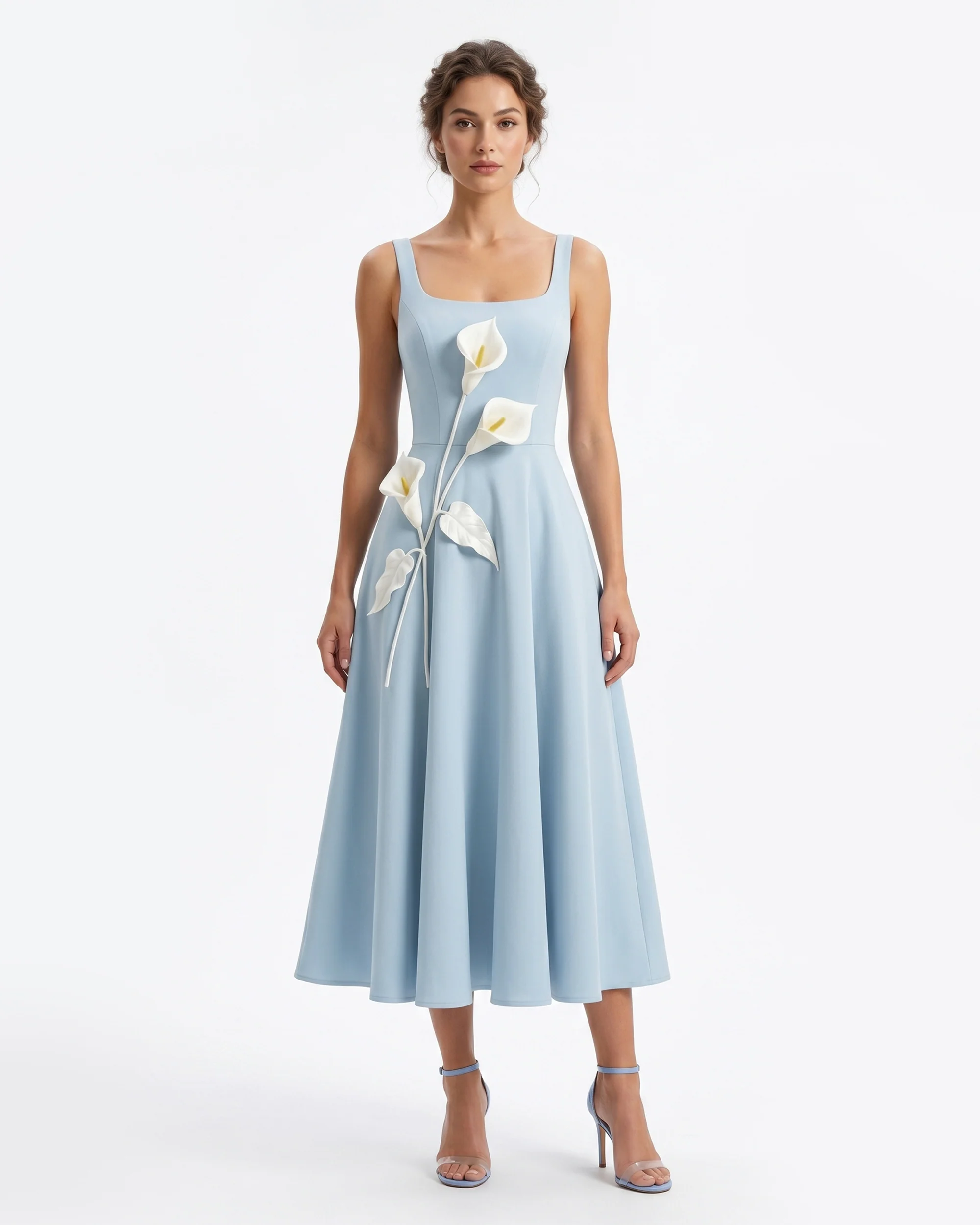 Floral Appliqué Square Neck Midi Dress - Light Blue