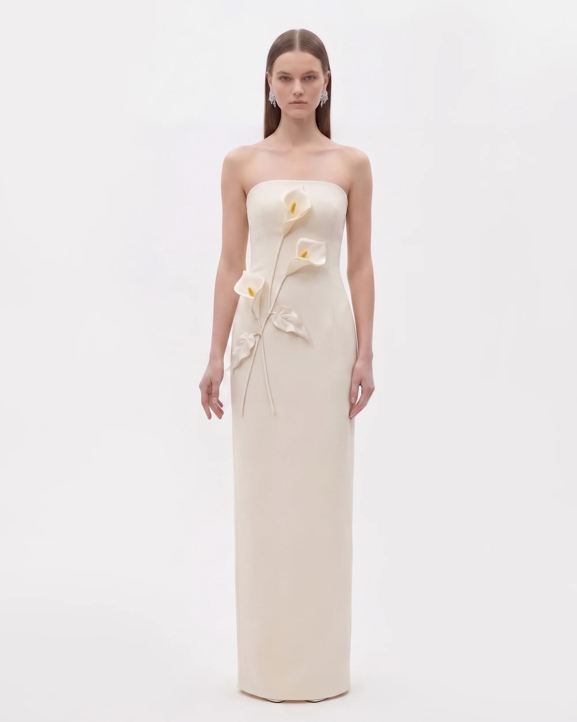 Floral Appliqué Strapless Dress - Cream Ivory