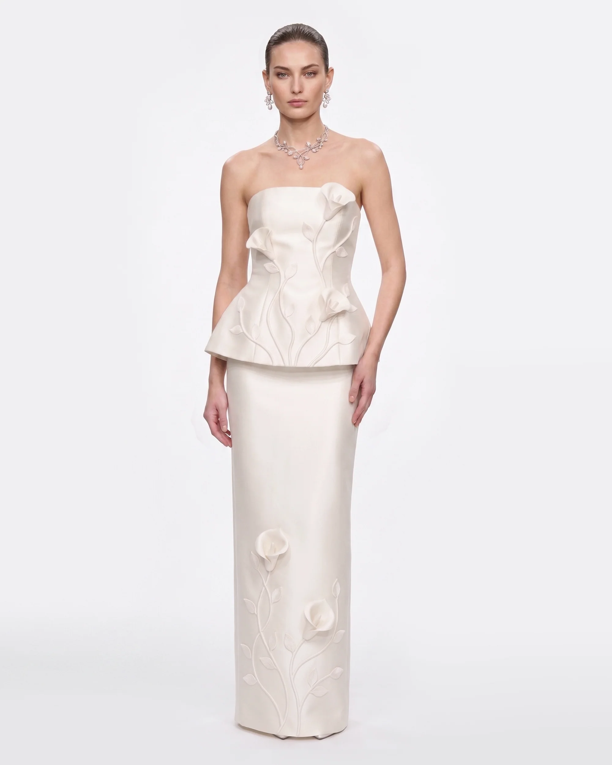 Floral Appliqué Vine Maxi Skirt - White