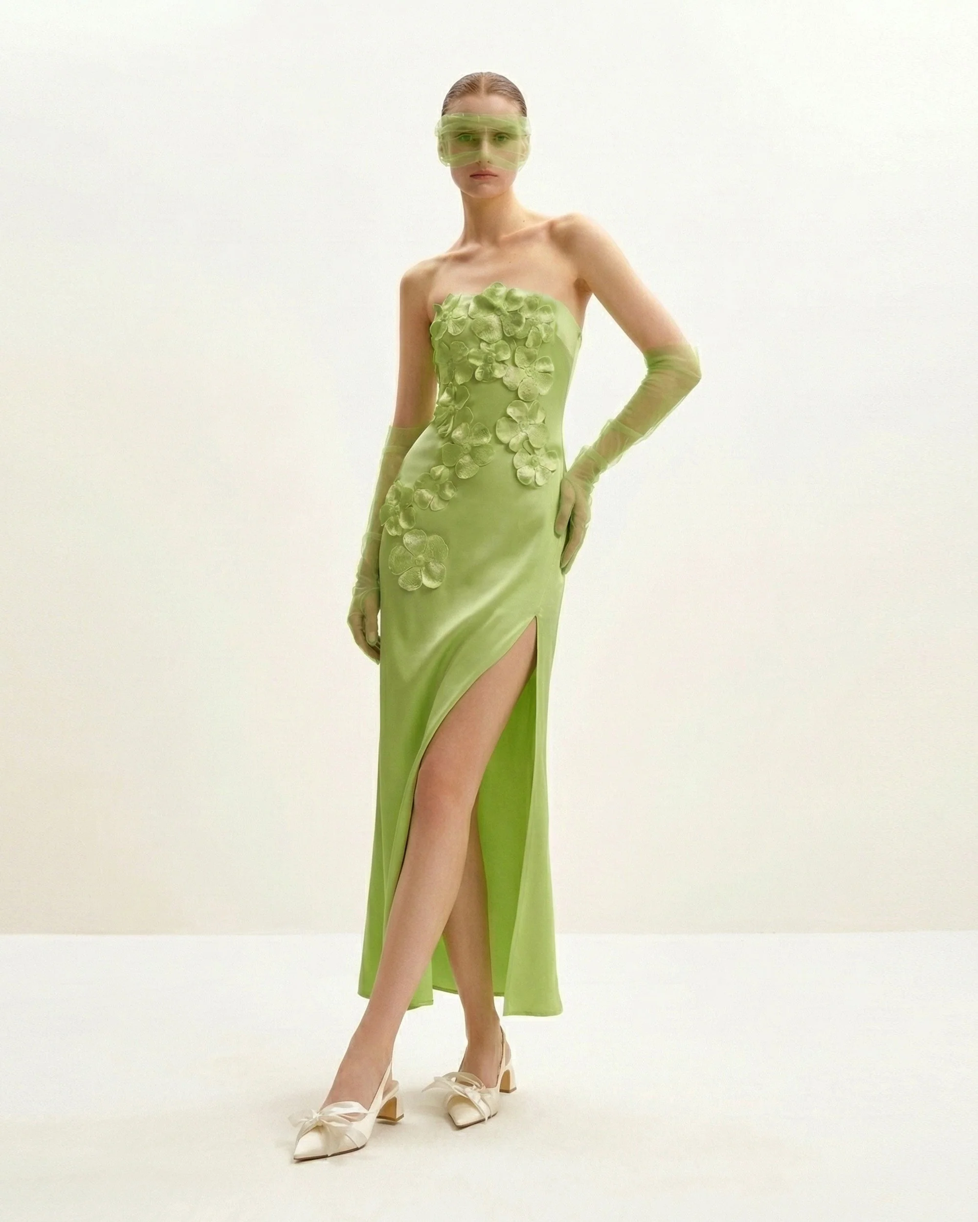 Floral Embroidered Long Dress - Green