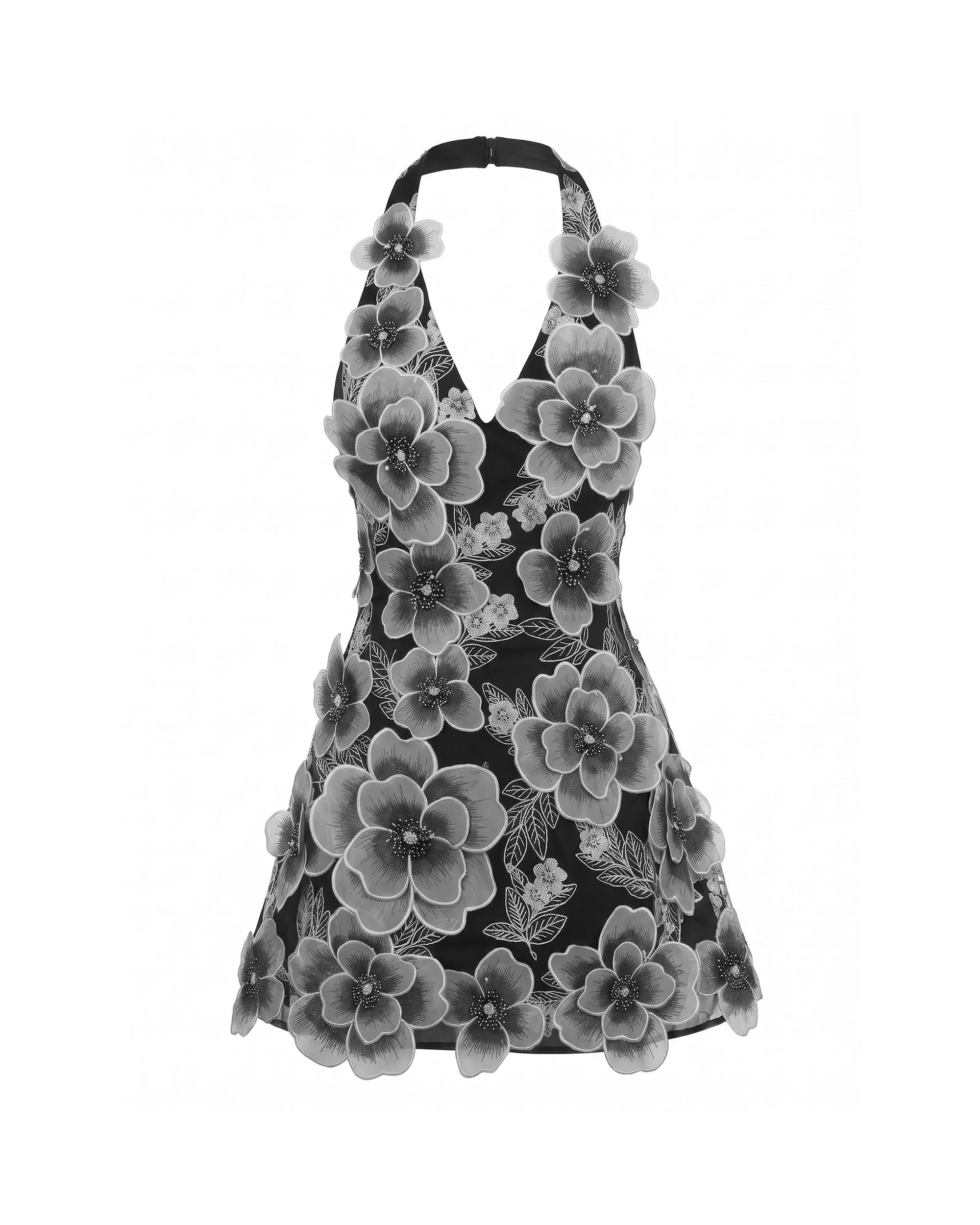Floral Embroidered Plunge Halter Mini Dress - Black - Image 3