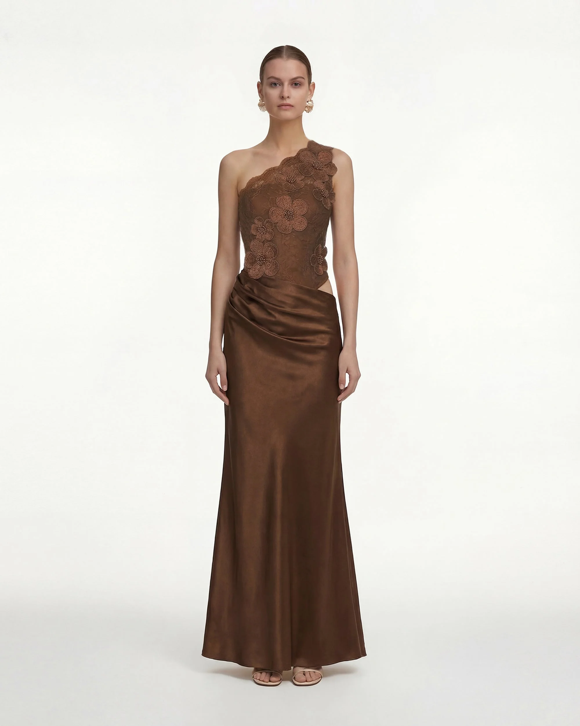 Floral One Shoulder Satin Dress - Brown