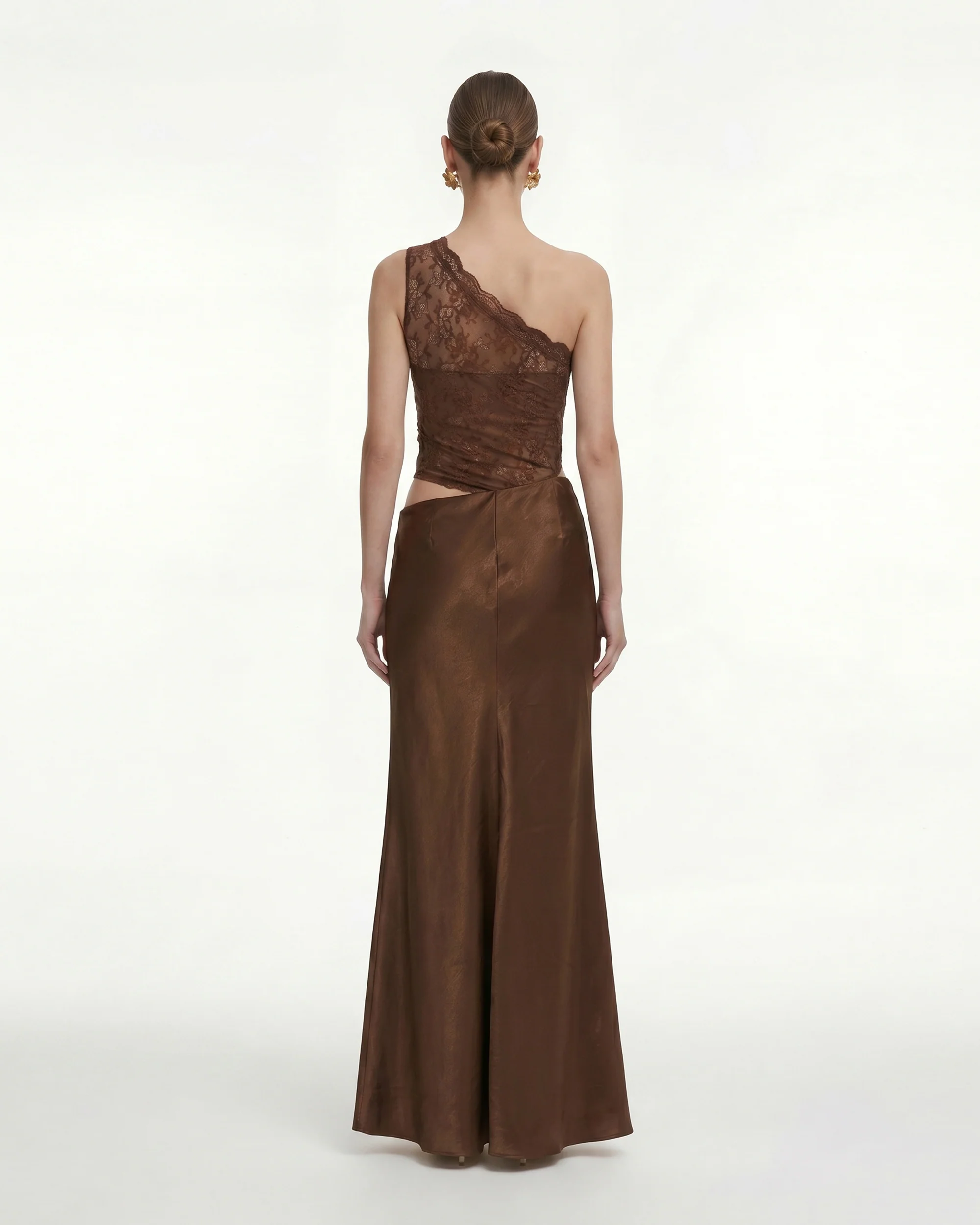 Floral One Shoulder Satin Dress - Brown - Image 2