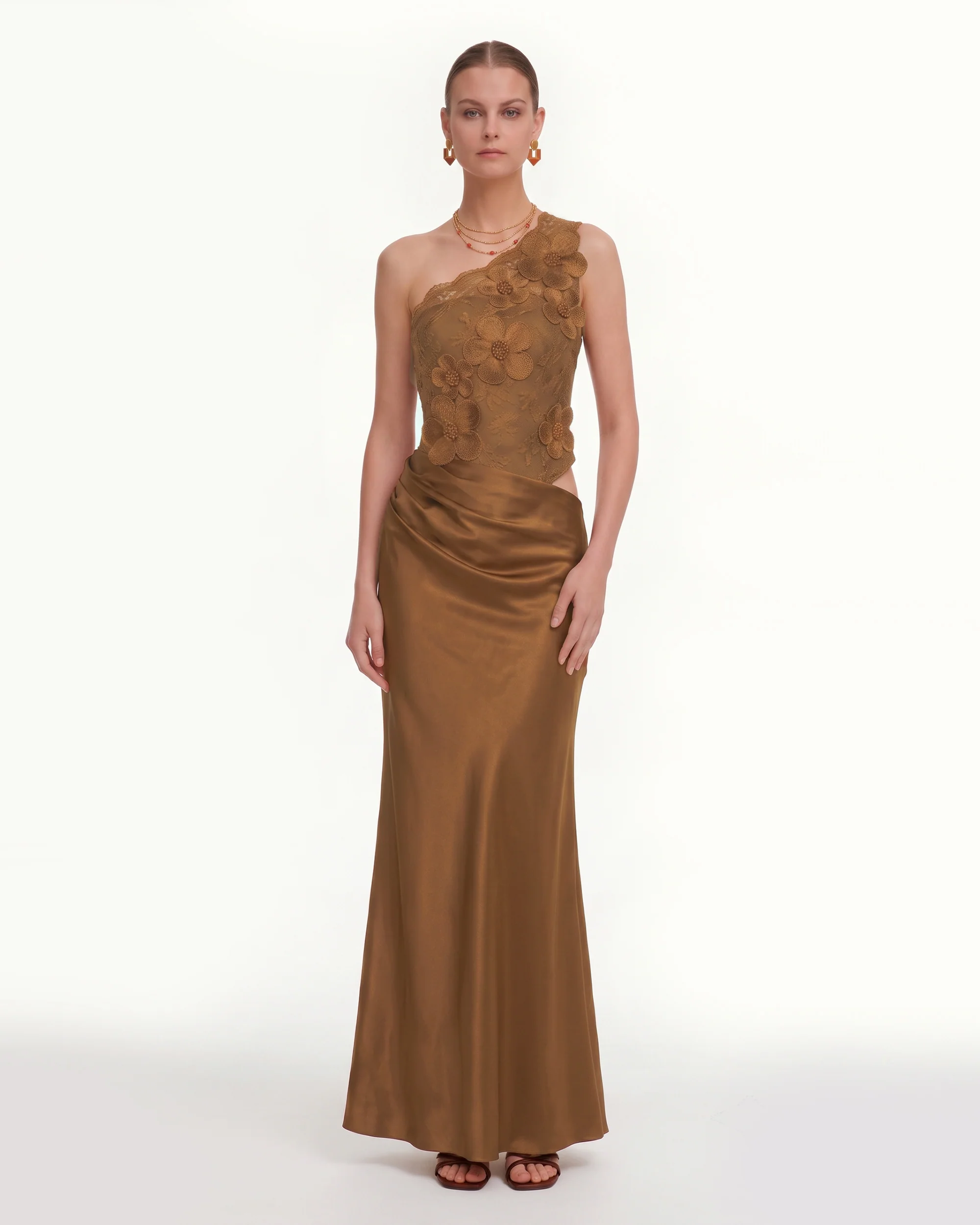 Floral One Shoulder Satin Dress - Cognac