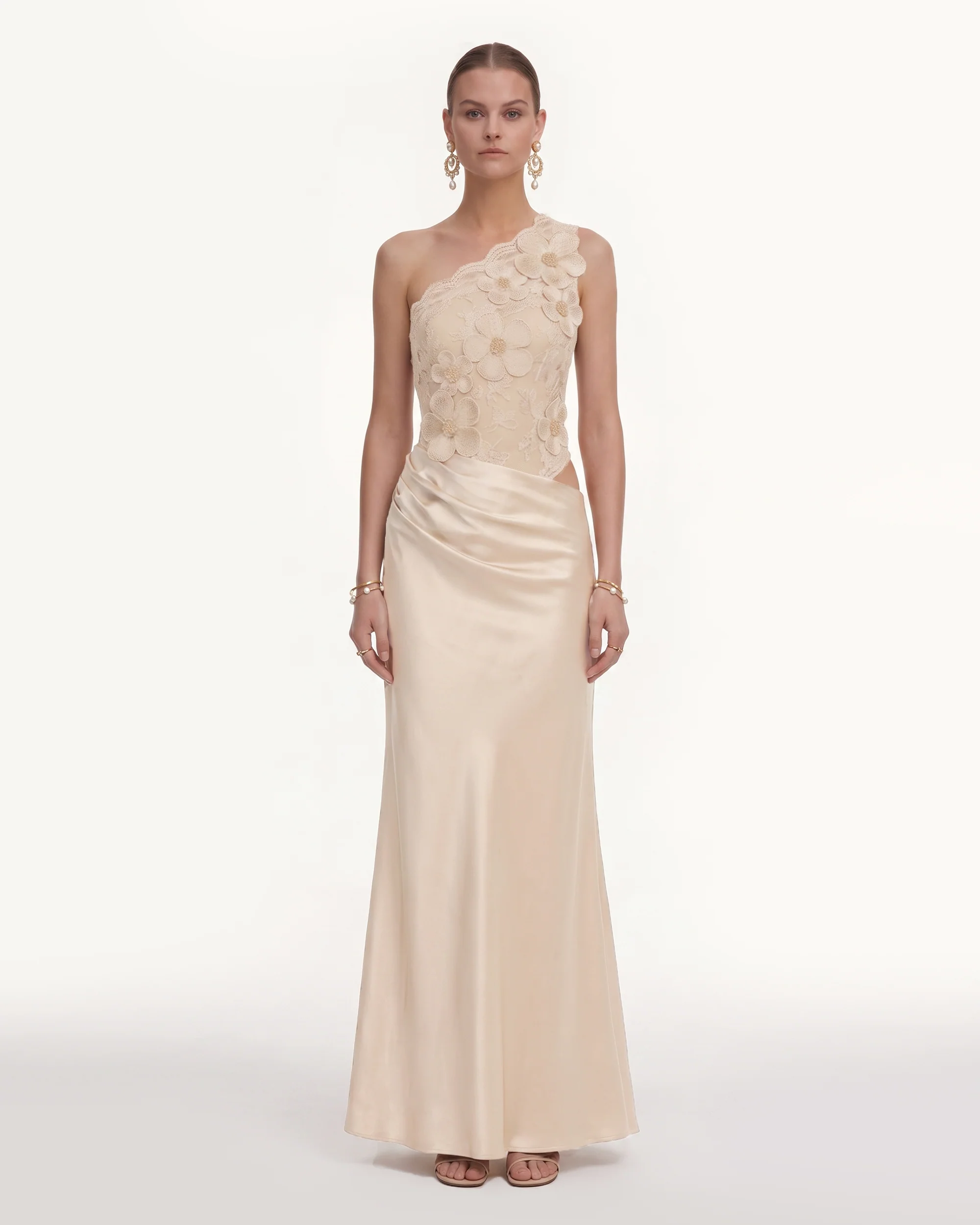 Floral One Shoulder Satin Dress - Cream