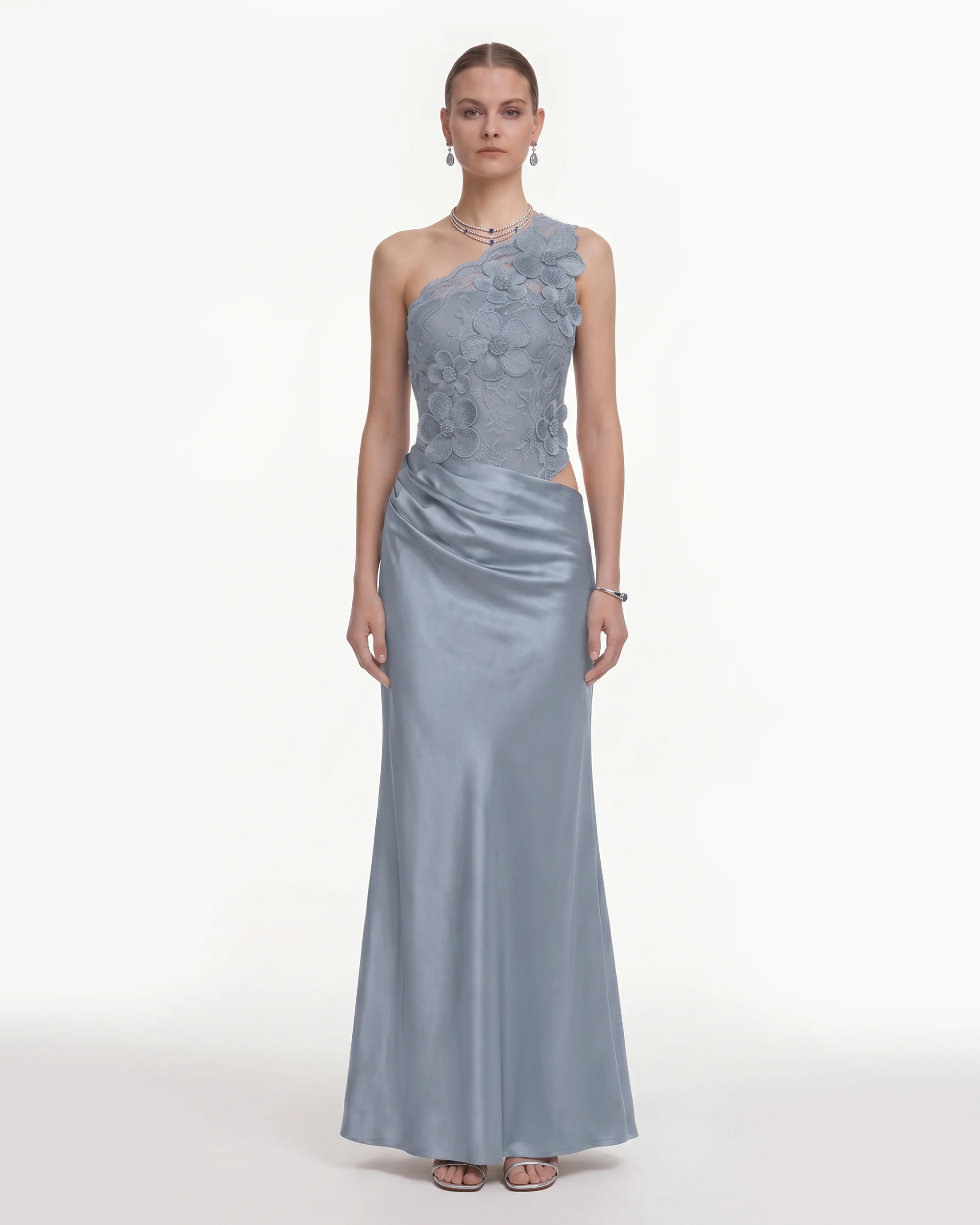 Floral One Shoulder Satin Dress - Dusty Blue