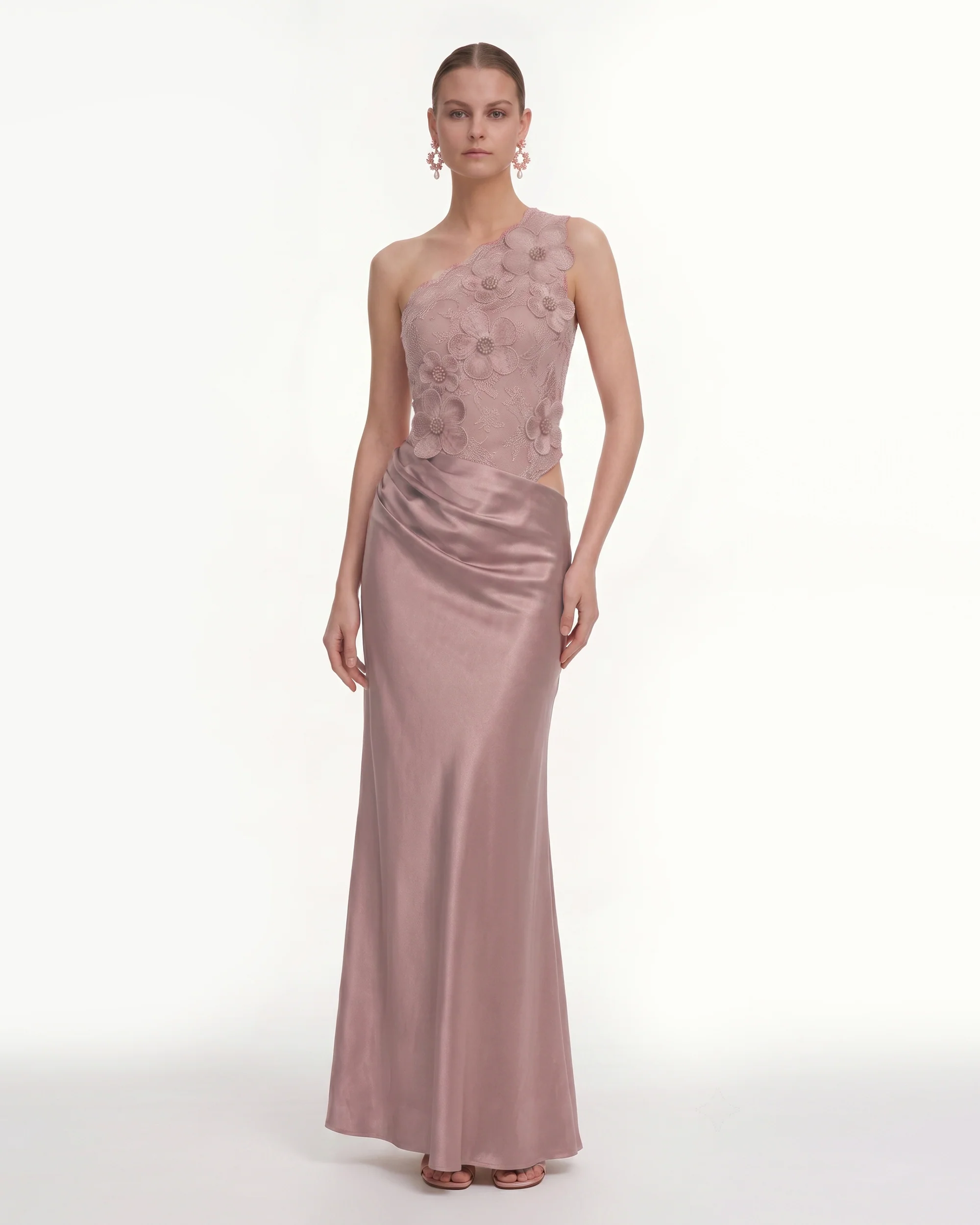 Floral One Shoulder Satin Dress - Dusty Rose