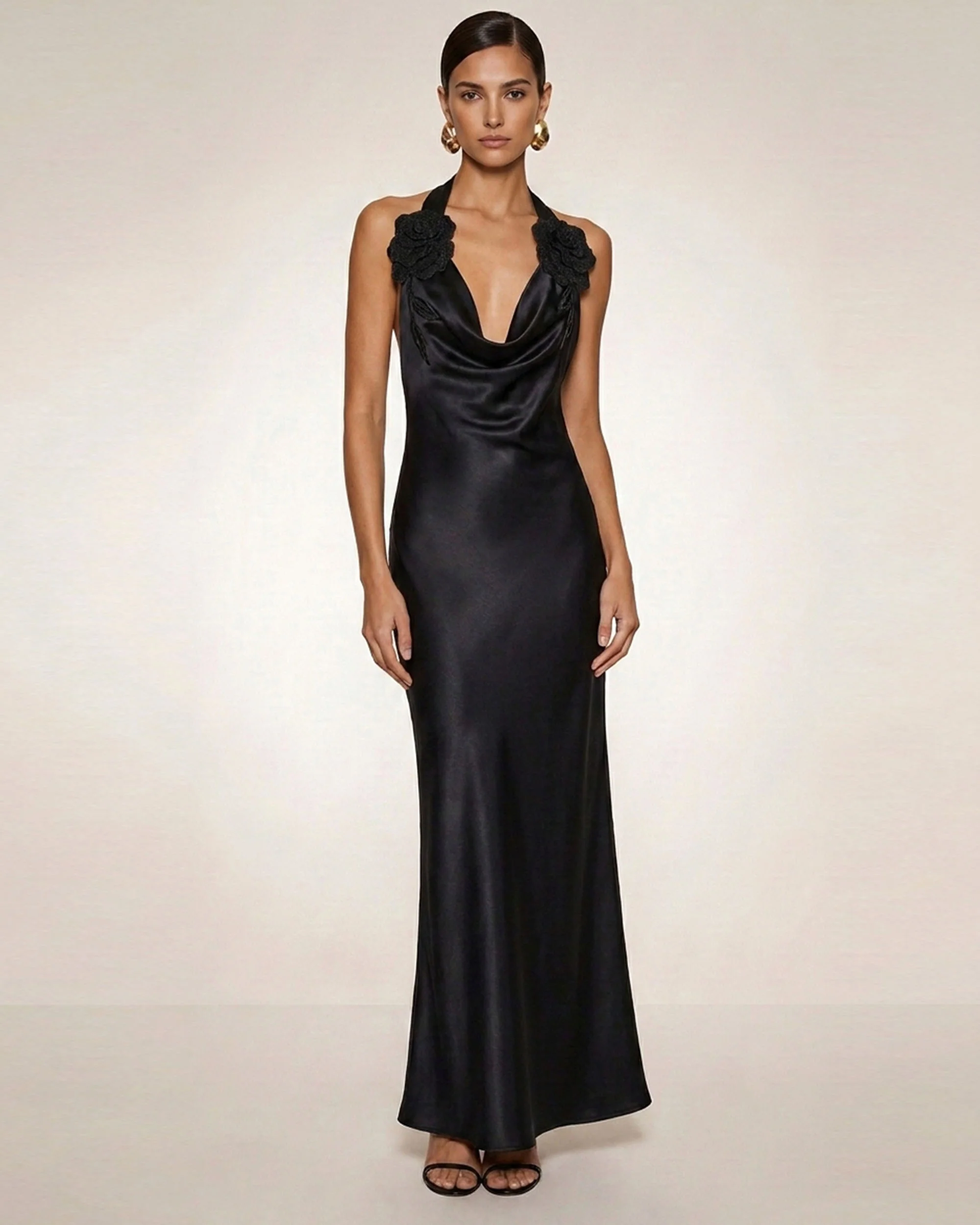 Flower Embroidered Cowl Halter Maxi Dress - Black