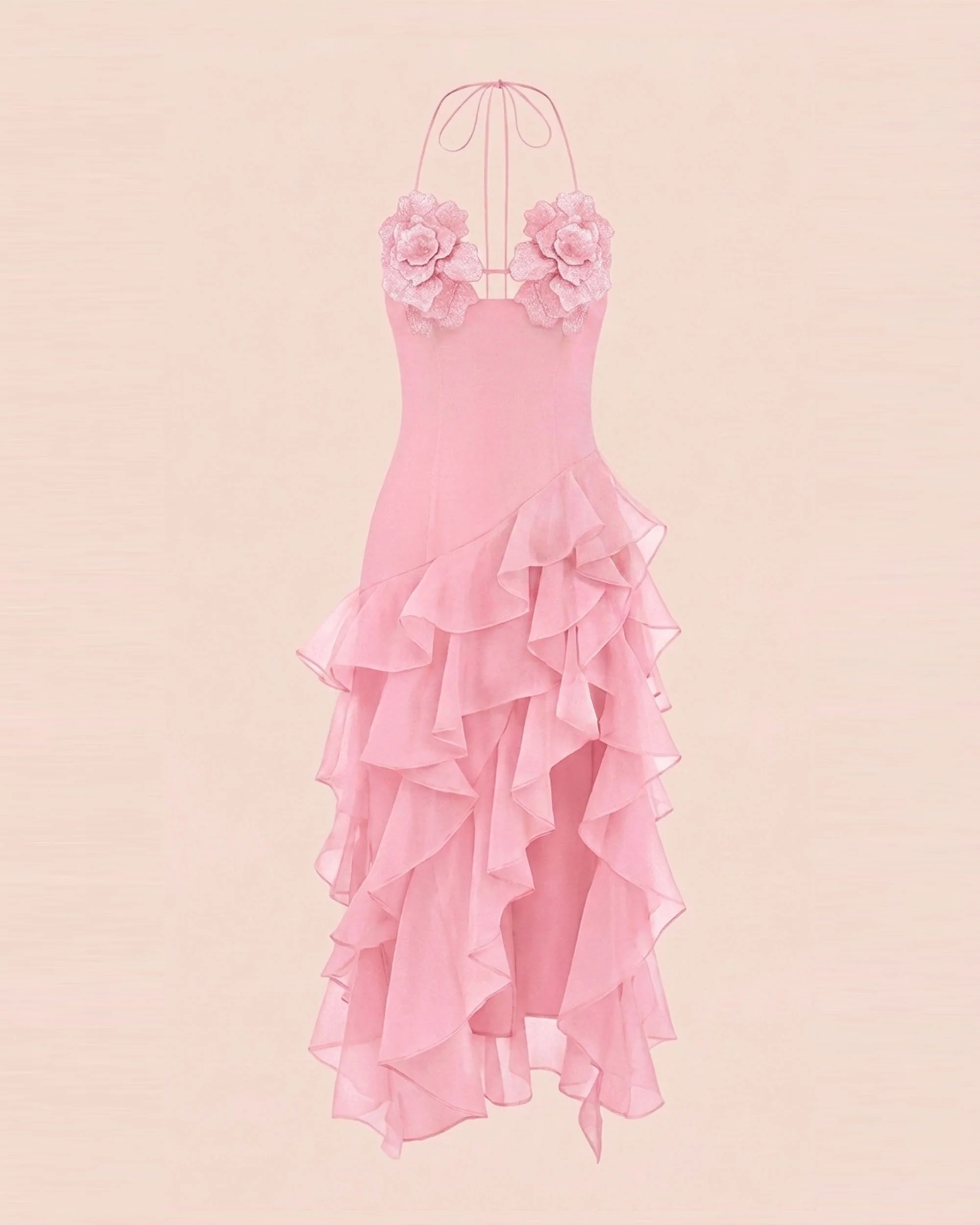 Flower Embroidered High-Low Ruffle Midi Dress - Blush Pink - Image 2