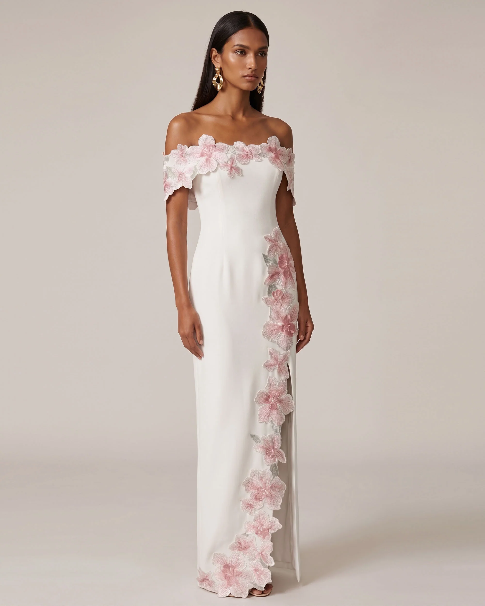 Flower Embroidered Off-Shoulder Maxi Dress - Ivory