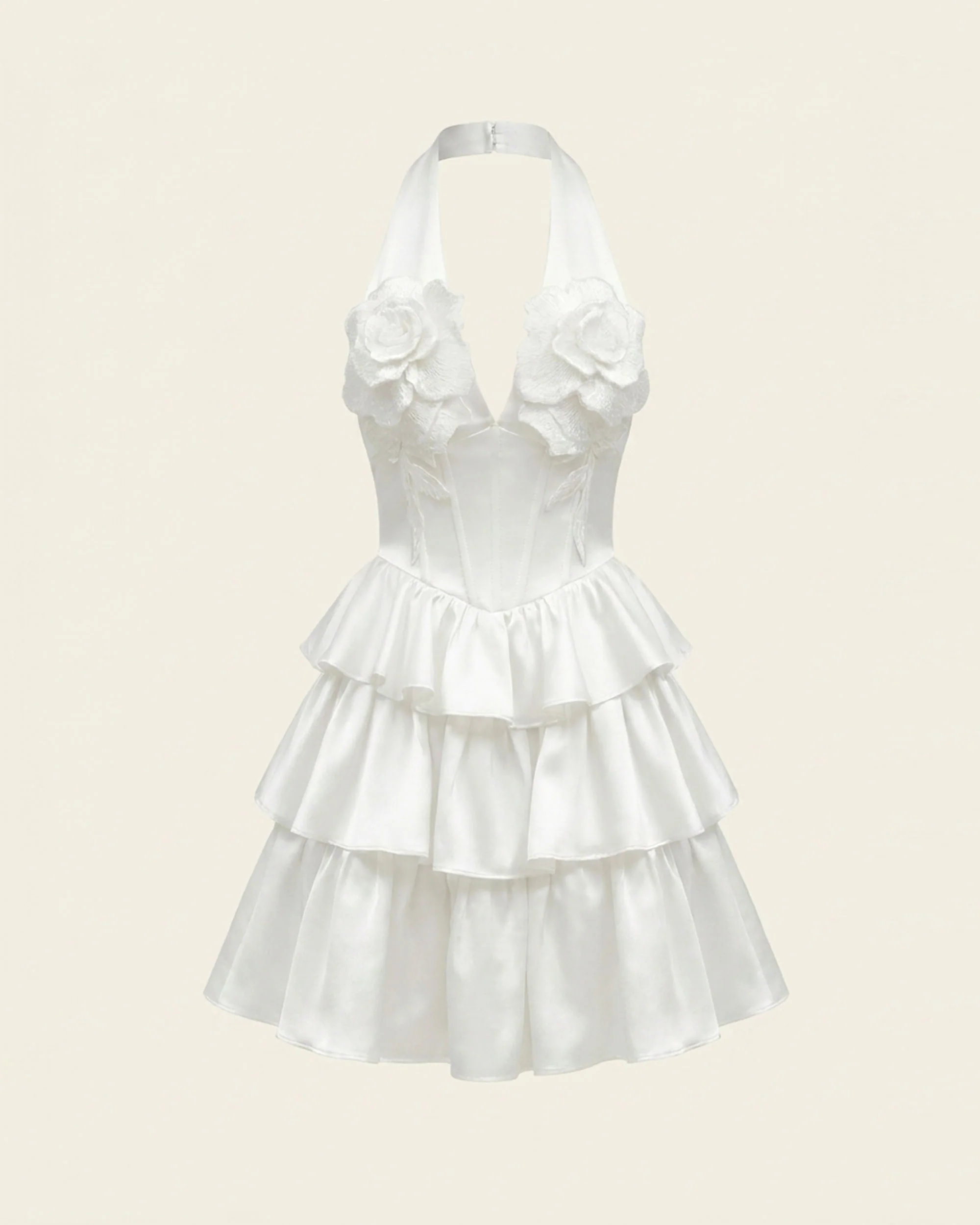 Flower Embroidered Tiered Halter Mini Dress - White - Image 2