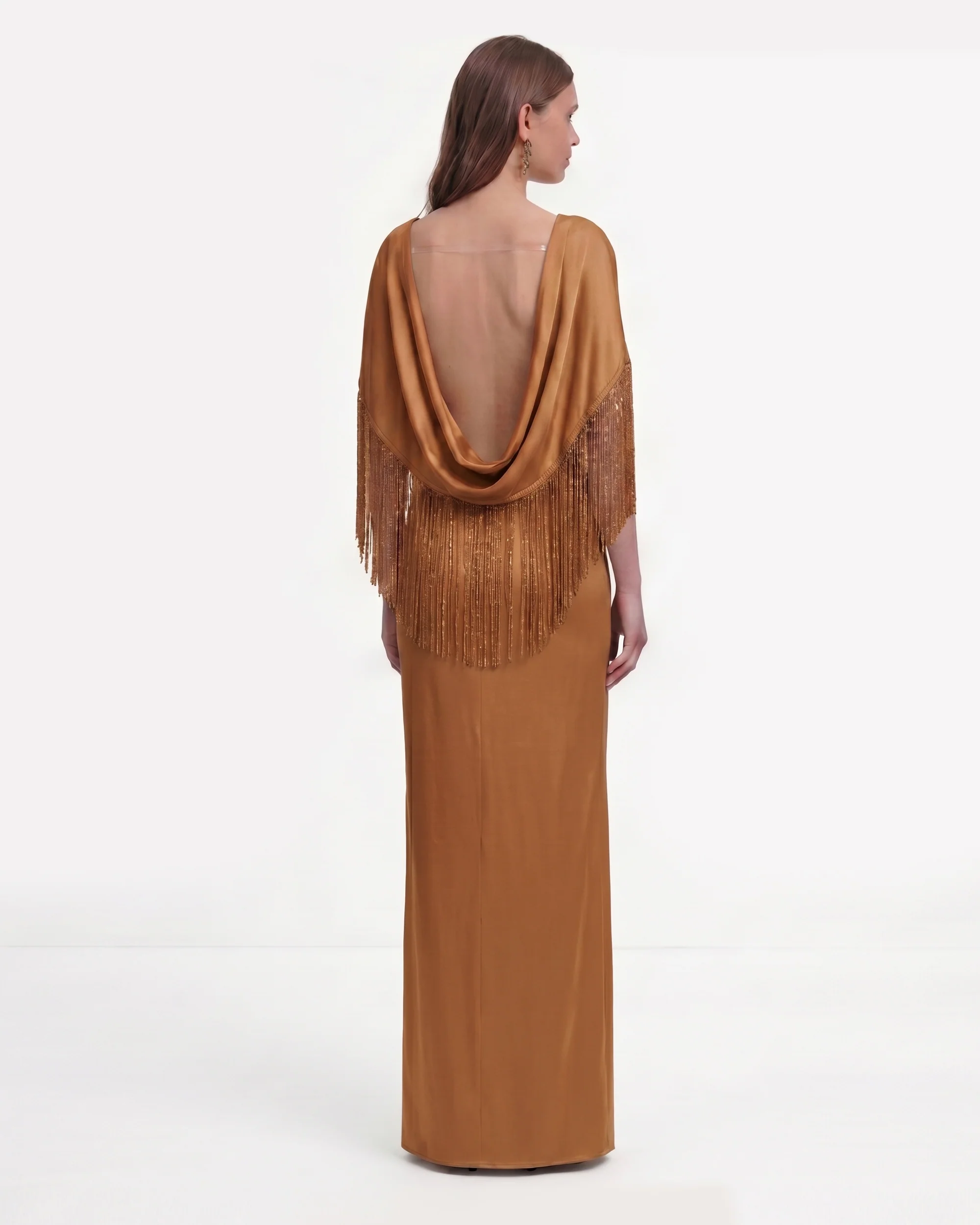 Fringe Cape Satin Maxi Dress - Caramel Brown