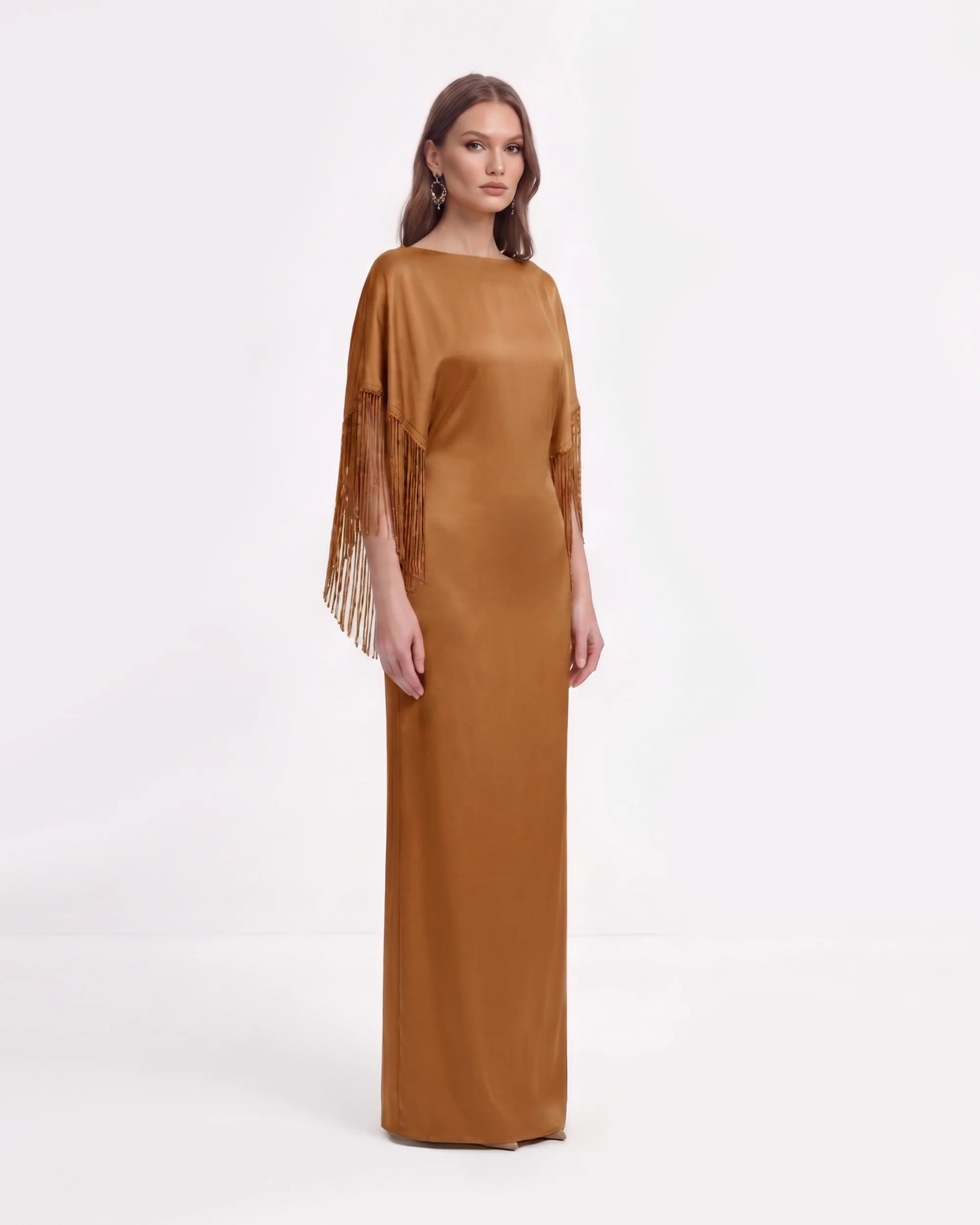 Fringe Cape Satin Maxi Dress - Caramel Brown - Image 2