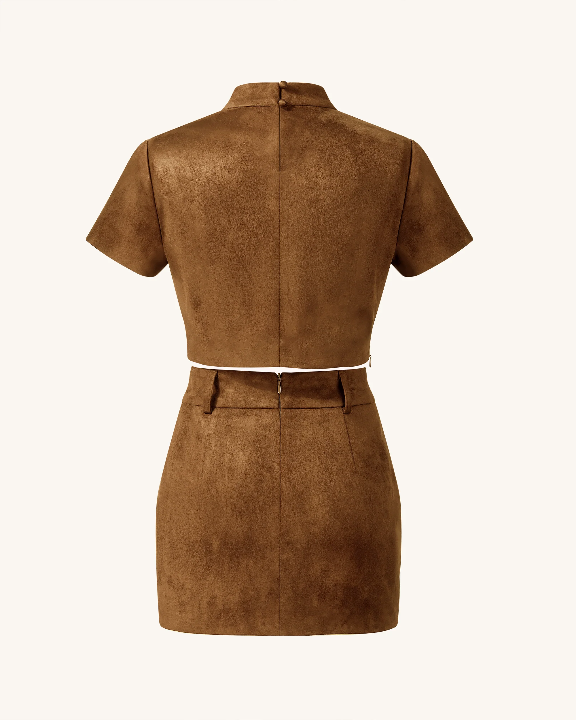 Grace Faux Suede Crop Top and Mini Skirt Set - Camel - Image 4