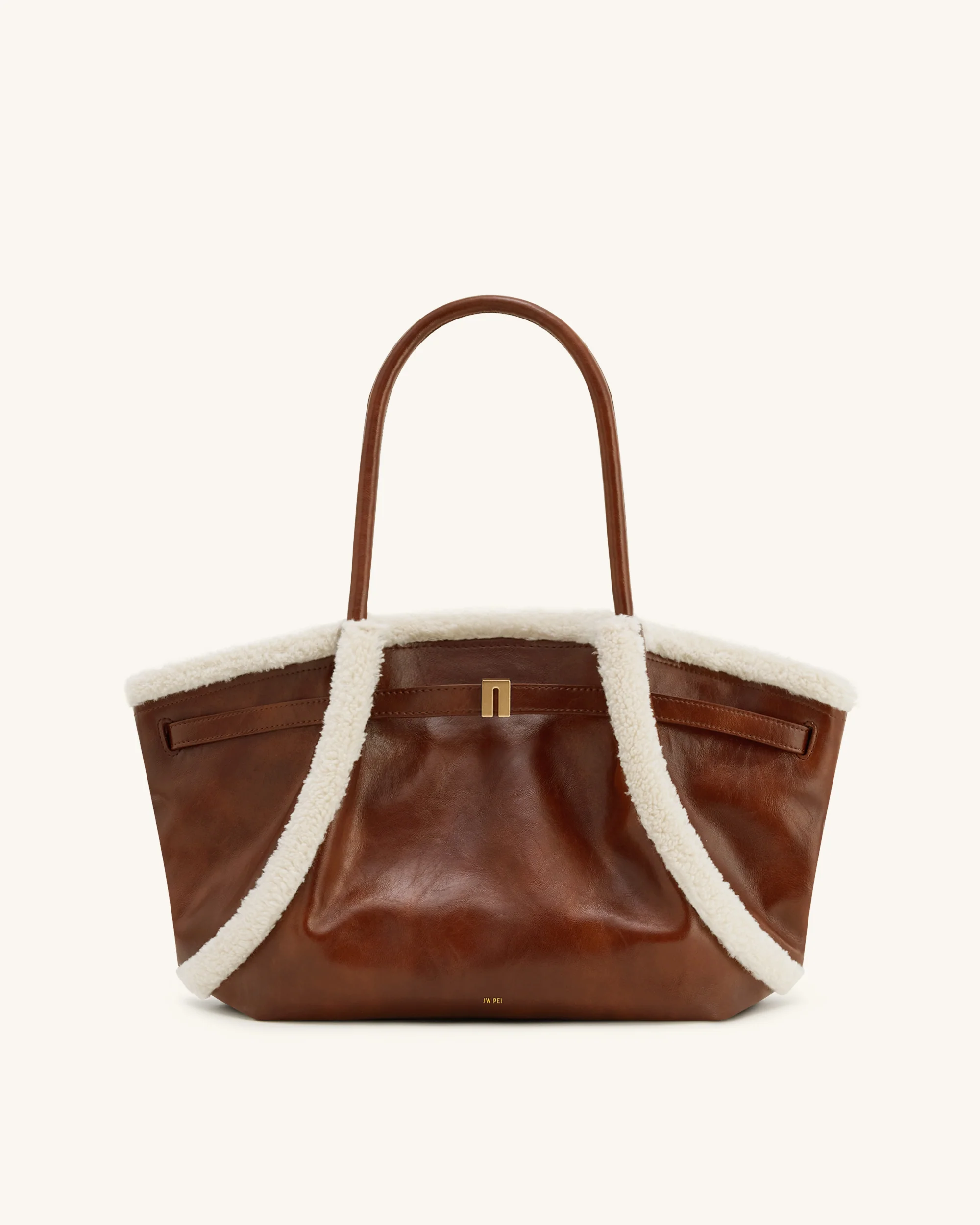 Hana Medium Faux Shearling Trim Tote Bag - Brown - Image 2