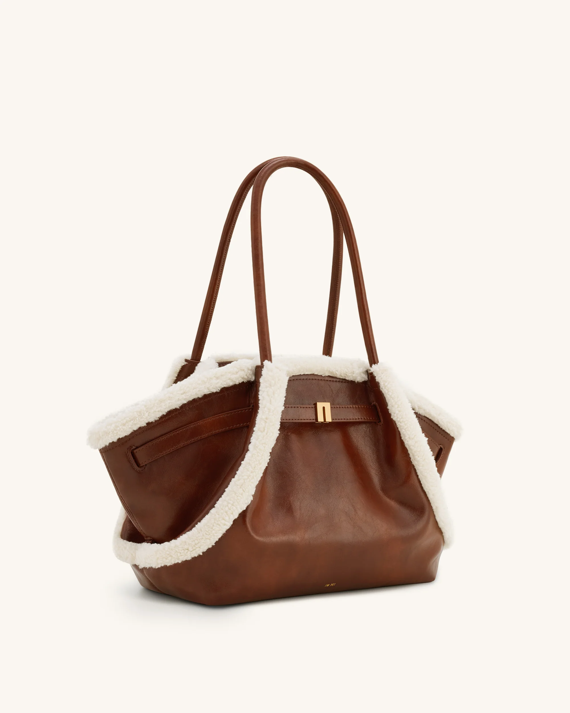 Hana Medium Faux Shearling Trim Tote Bag - Brown - Image 3