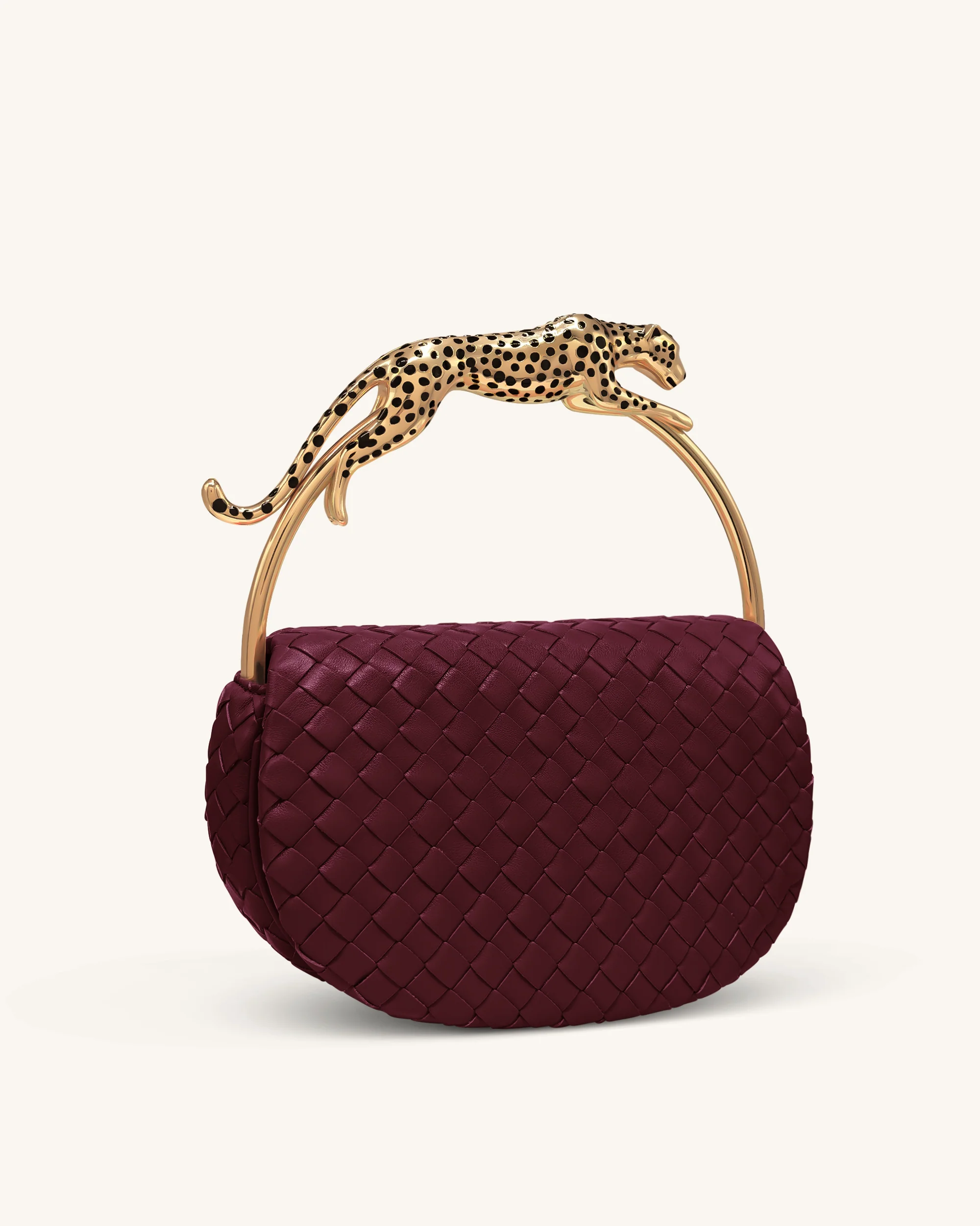Ione Woven Leopard Shaped Top Handle Bag - Burgundy - Image 2