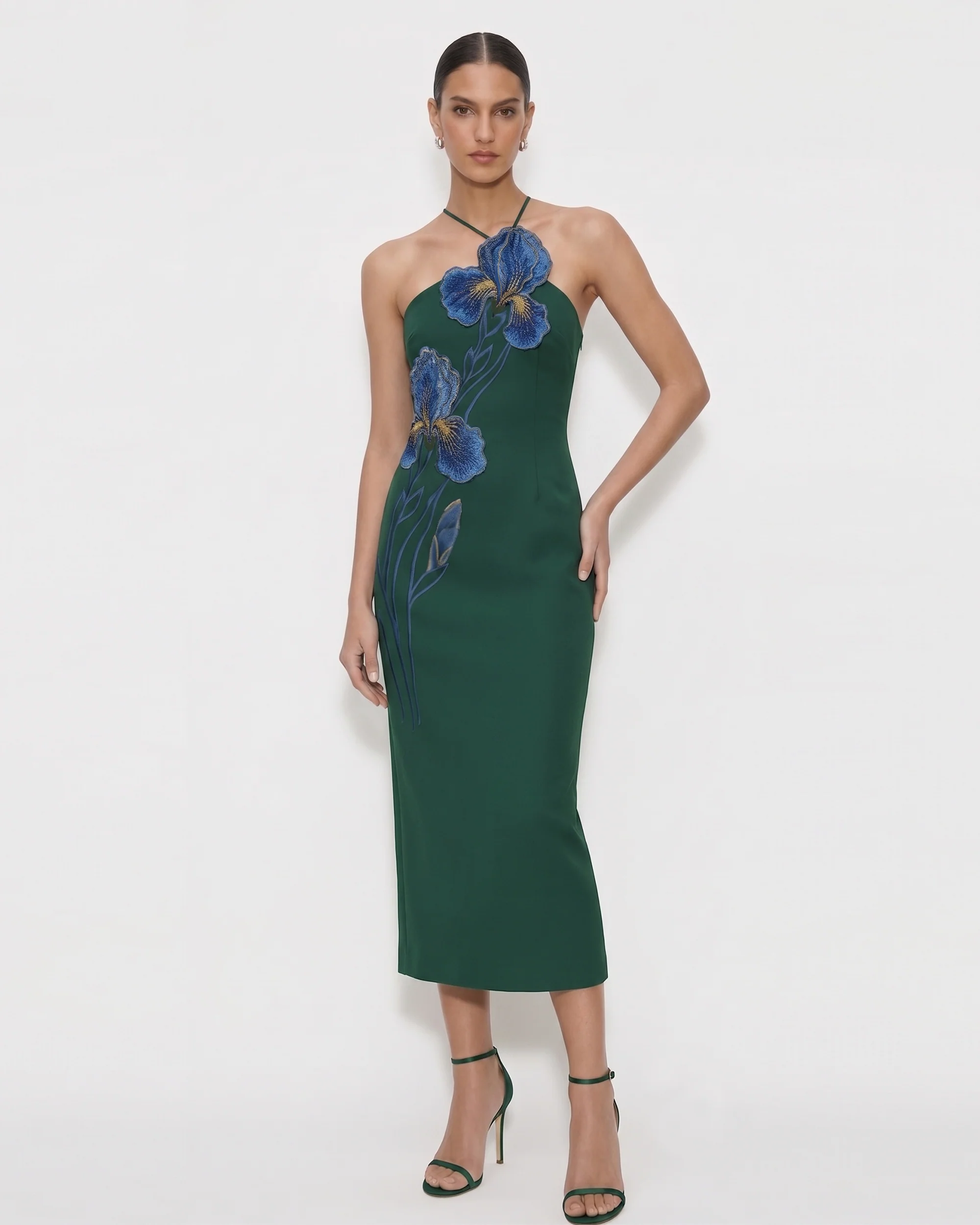 Iris Embroidered Halter Midi Dress - Dark Green