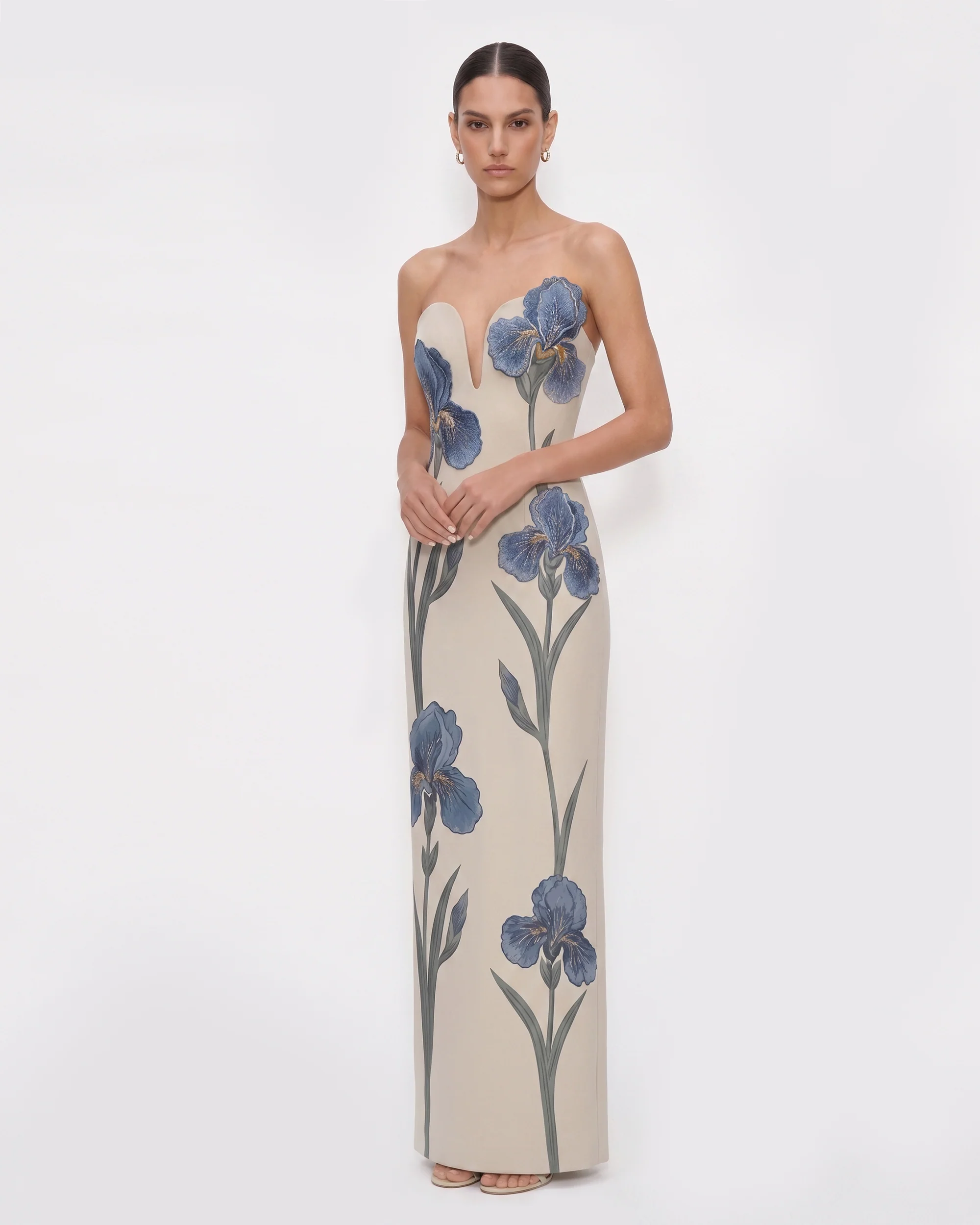 Iris Embroidered Notch Neck 
Strapless Maxi Dress 
- Light Beige