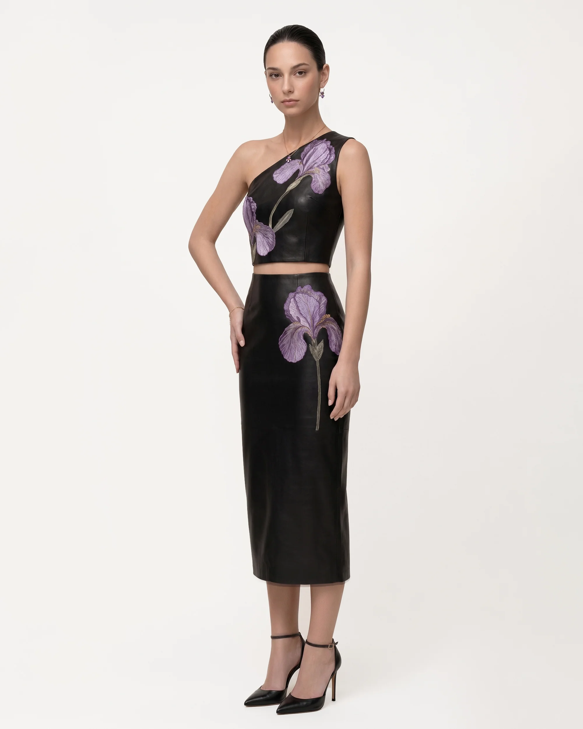 Iris Floral-Print High Waist Pencil Leather Midi Skirt - Black - Image 2