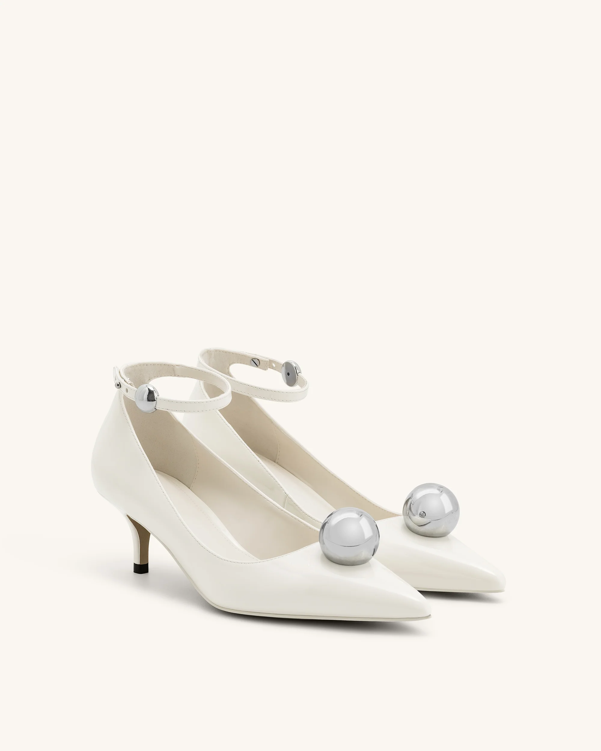 Jewel Buckle Kitten Heels Pumps - White - Image 2