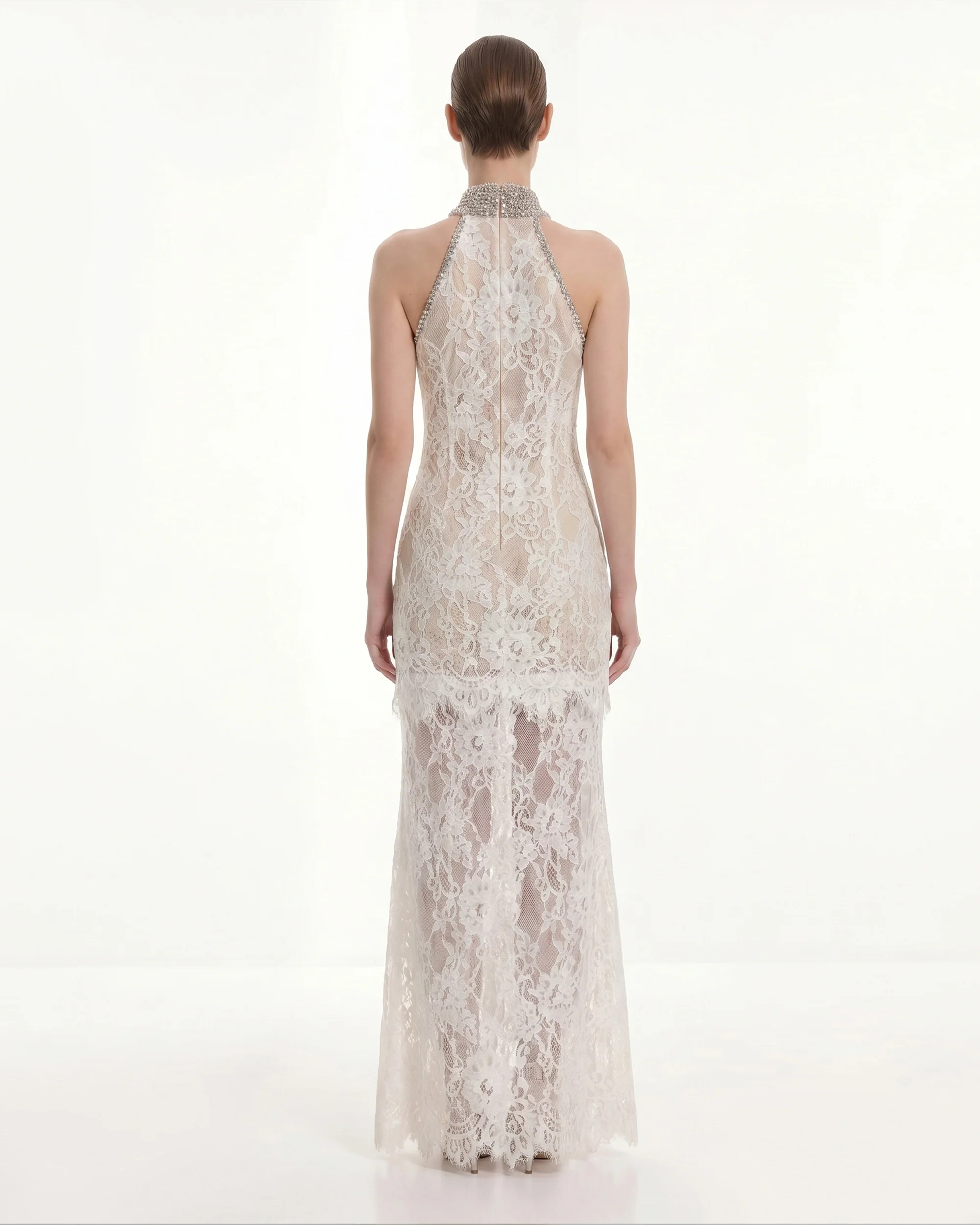 Jeweled Lace Halter Dress - White - Image 2