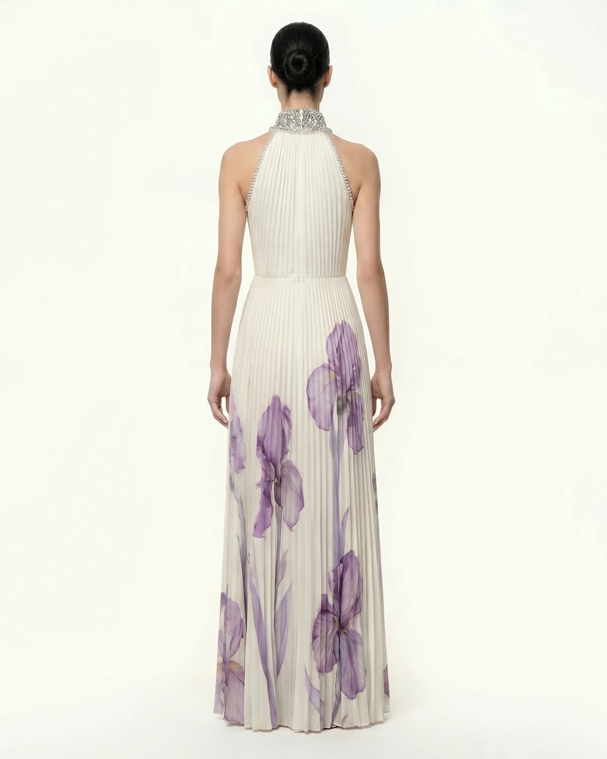 Jeweled-neck Halter Pleated Iris Print Maxi Dress - White/Purple - Image 2