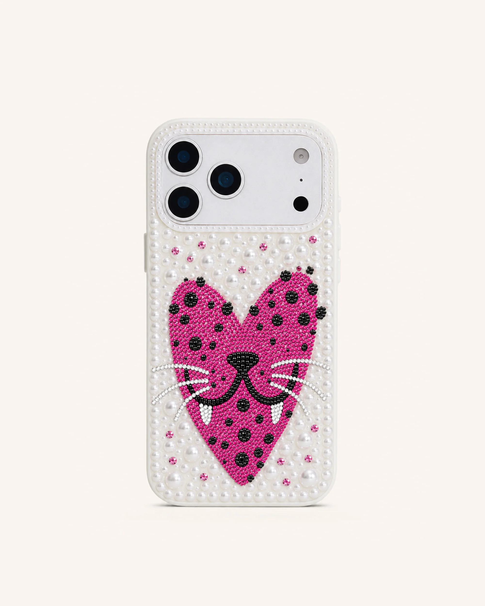 Leopard Heart Cat Imitation Pearl Phone Case - White