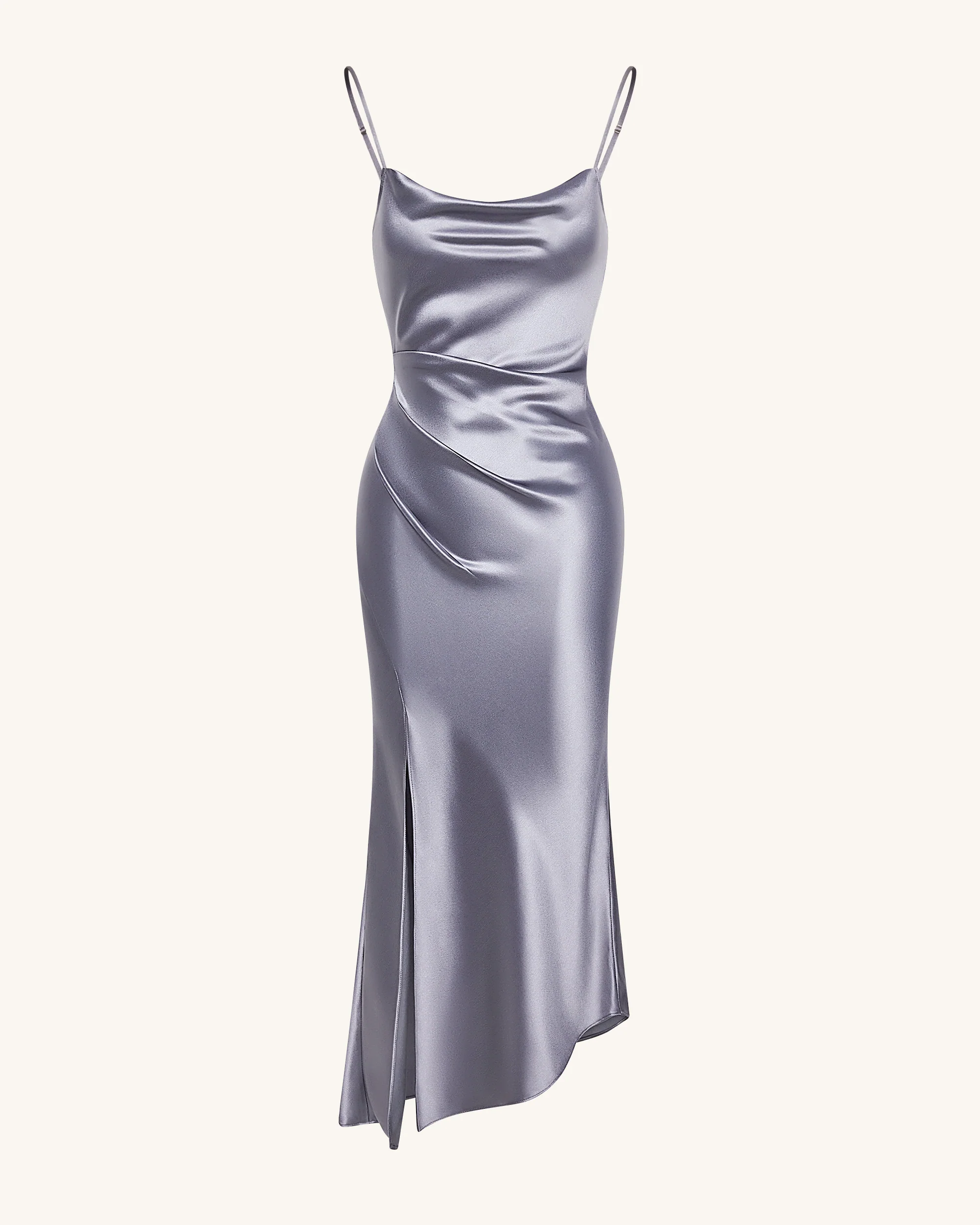 Liquid Satin Cowl-Slit Gown - Silver - Image 3