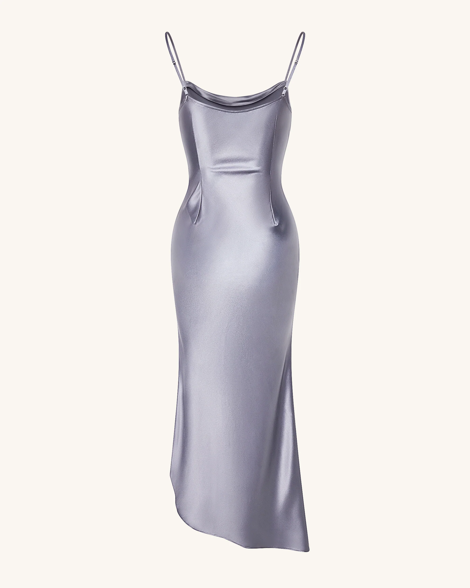 Liquid Satin Cowl-Slit Gown - Silver - Image 5