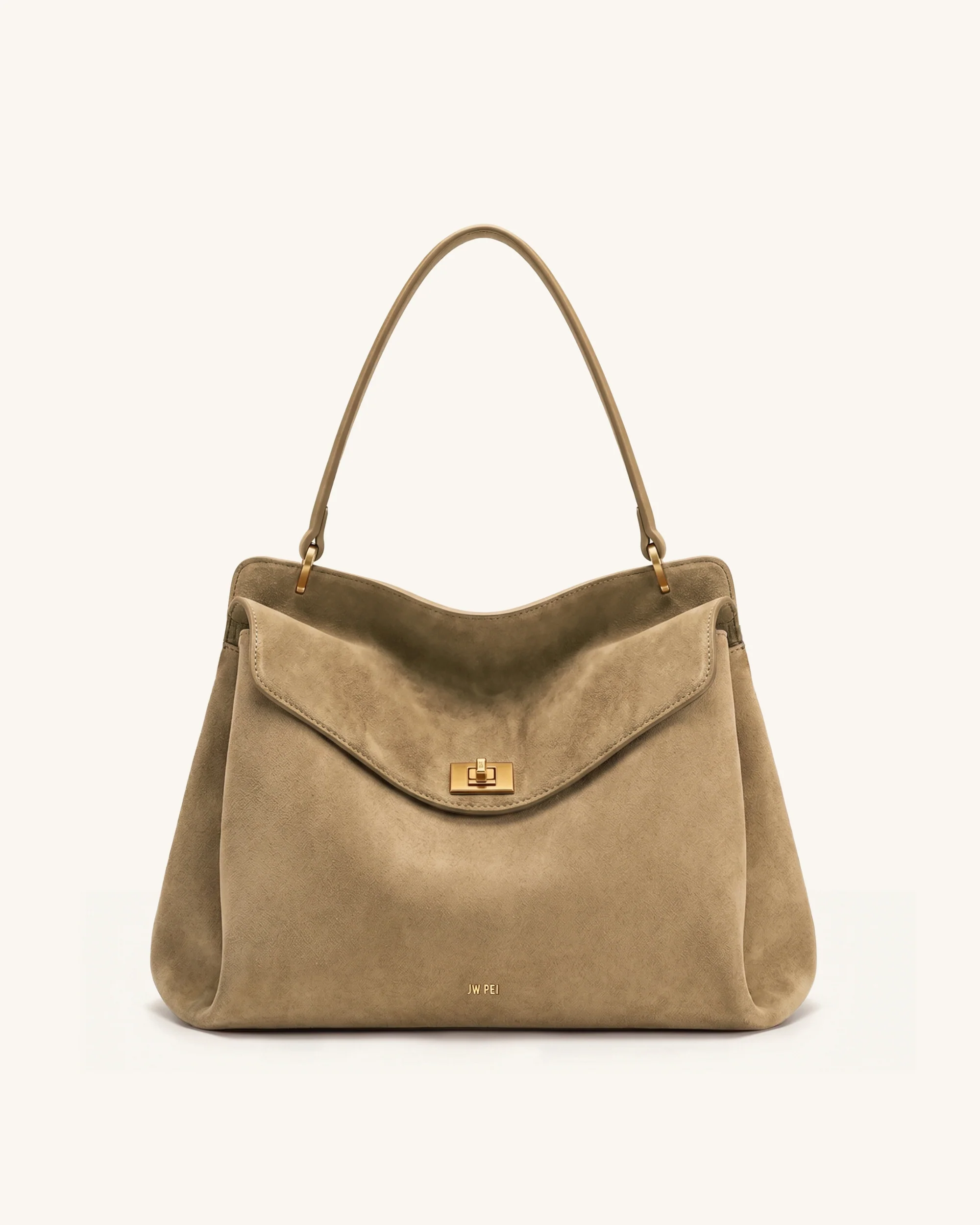 Lucia Turn-Lock Faux Suede Shoulder Bag - Khaki Brown