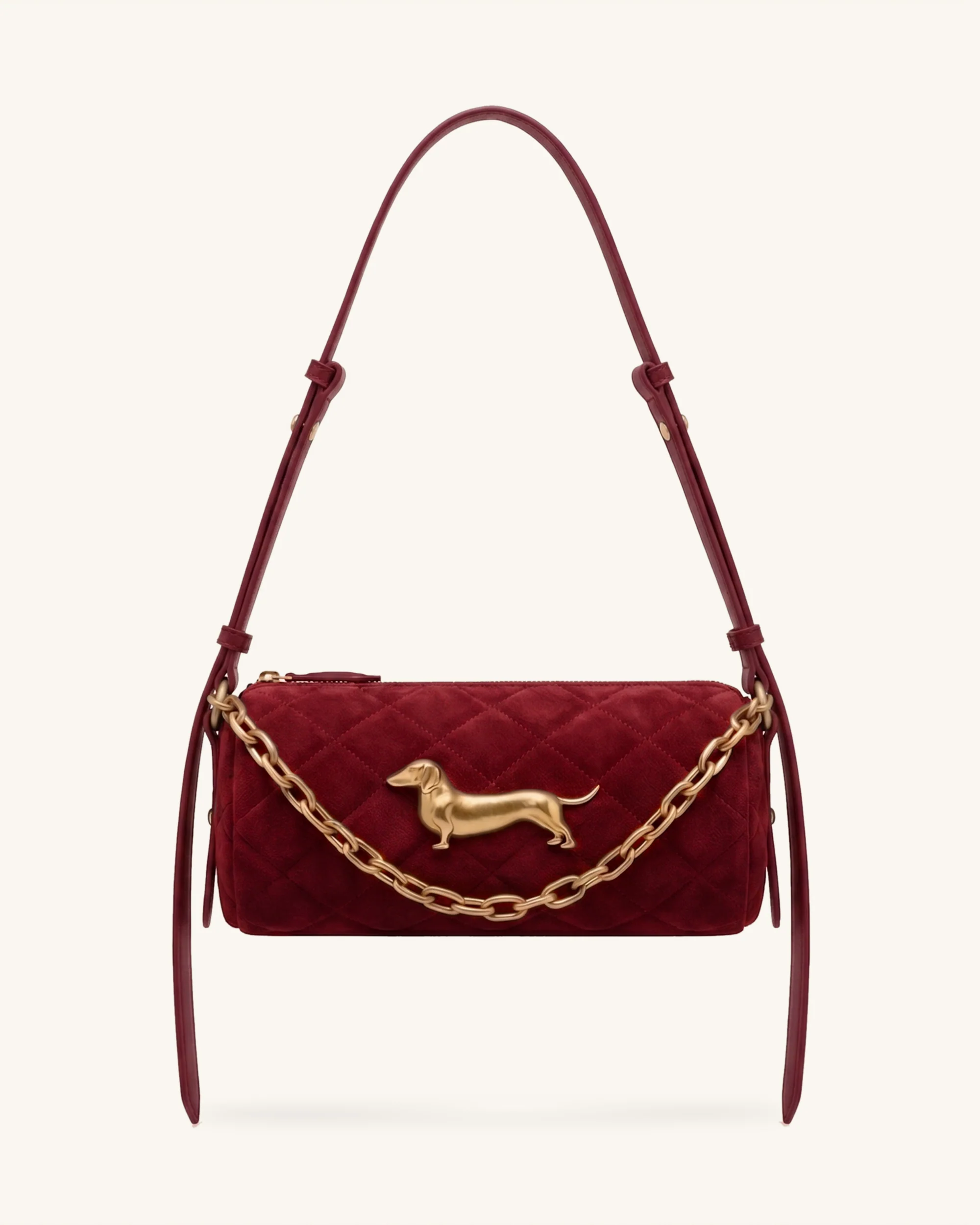 Lucienne Faux Suede Dachshund Quilted Chain Shoulder Bag - Burgundy